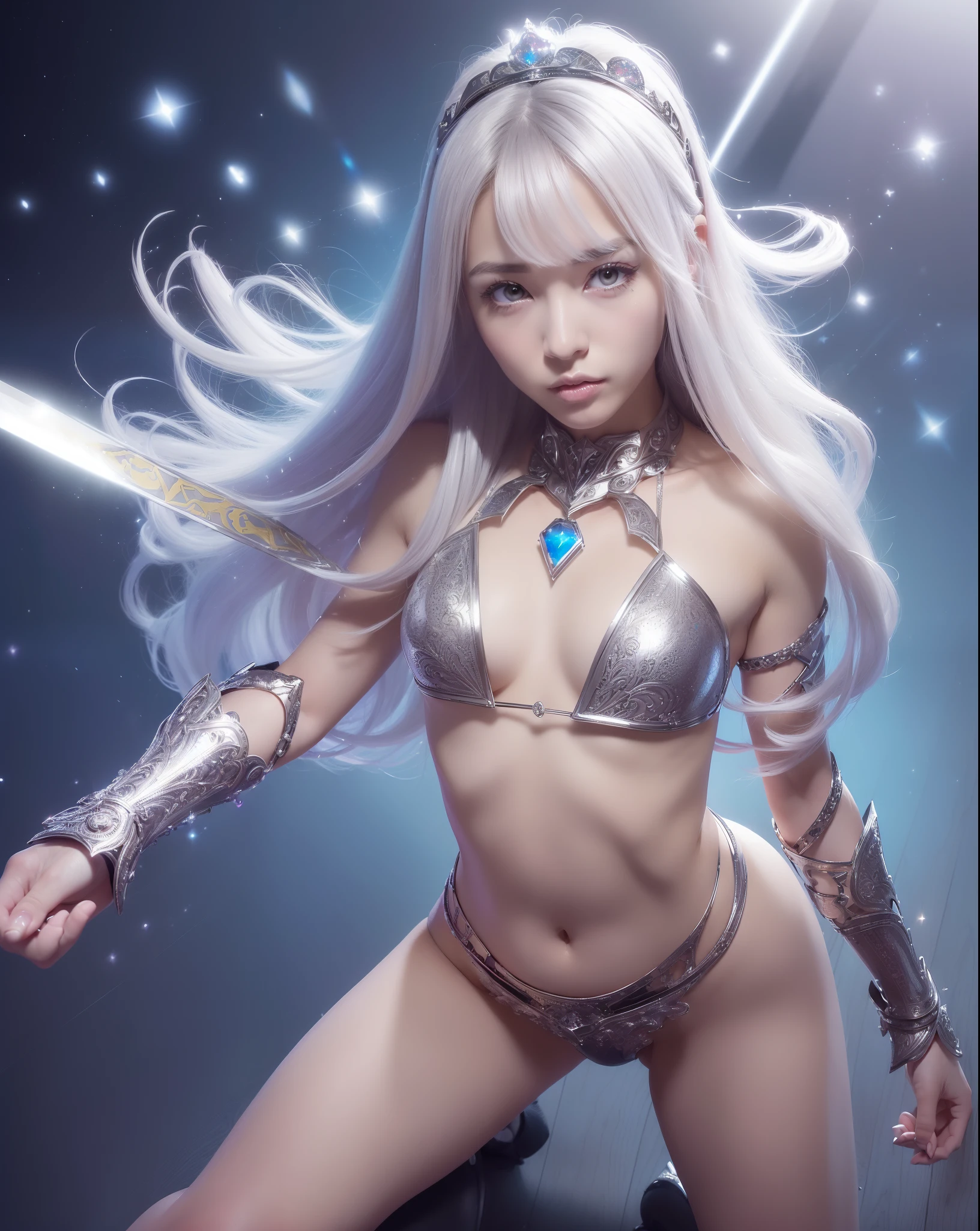 An ultra-high picture quality、(((full body Esbian)))、(((action scene)))、(((combat pose)))、It's a very dark Milky Way、(((colourfull)))、muitoリアルHuman texture、 17 age、((Very cute beautiful Prague slim girl))、((Skin of 17-year-old Caucasian girl with veins showing through))、(((Under the short nose)))、(((no-makeup)))、(((stature:180cm、Head length:20 cm、Leg length:90 cm)))、(((well-muscled)))、Normal shoulder width、(((Long arms)))、long subumbilical、((thick and long torso))、Long below the knee、Thin thighs、(((a small face)))、(((small head)))、Natural double eyelids、 (1girl in:1.3), Light persona, Dark Persona, mind control, fractral, ceiling, Artistic background, Geometric, organics, blessings, favor, noble, unfolded, elucidation, Anti-gravity, Antimatter, holy, Sacred, spiritual, Dignified, Luminescent, Holographic, magic cirlcle, photons, scales, Beak,artistic、(((Fanciful))) ,((( brightly colored eyebrows))),(((Ultra high resolution pale silver hair and silky thin shiny eyebrows)))、Ultra-luxury packed with luxury accessories、(((((Very heavy and elaborate armor of very shining reflective iron)))))、(((Very elaborate articulated armor)))、(((Very elaborate weapons)))、(((Hair and skin with pores,)))、(((Extremely delicate and brightly colored targets)))、(((Beautiful glowing caucasian woman with bright iris iris eye with ultra high definition pattern)))、(((I love you))),(((Small drooping eyes with a gentle feeling)))、(((very thin eyelashes)))、(((Realistic naked eye)))、High Definition Lip、A Princess、(((Dreams)))、(((Your imagination)))、(Fluffy High Half Twin Tail Hair)、Luxurious Princess Tiara、Luxury Princess Necklace、(((Looking at the camera)))、(((A gaze to look here)))、(((With movement)))、(((valkyrie)))、Navel in a high position、((The sword))、(((magia)))、(((magic circles)))、Innovative configuration、((Time Gate))、Knights、(((Perfectly accurate universe)))、(((Full body armor)))、(((full armor)))、(((With a longsword)))、(((fighting spirit)))、(((a navel)))、((Hard Steel Bikini Armor))、(((lo