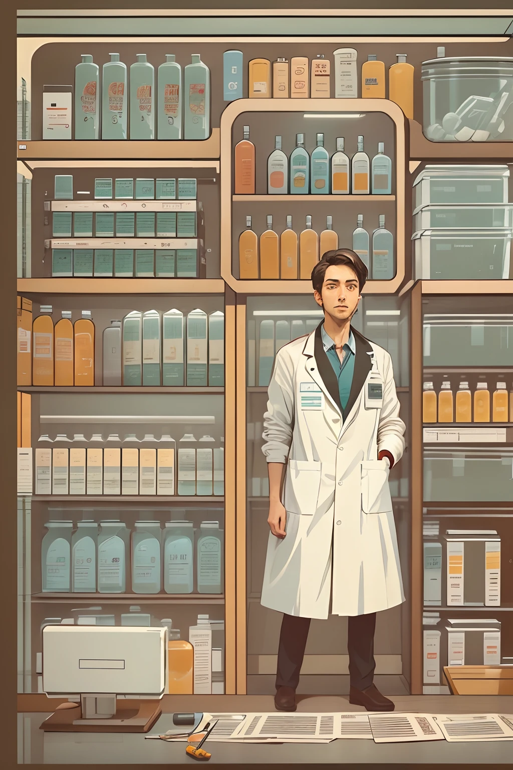 there is a book cover for "Standard Operating procedure", ilustration, simple, vector, pharmacist, lab coat, white coat