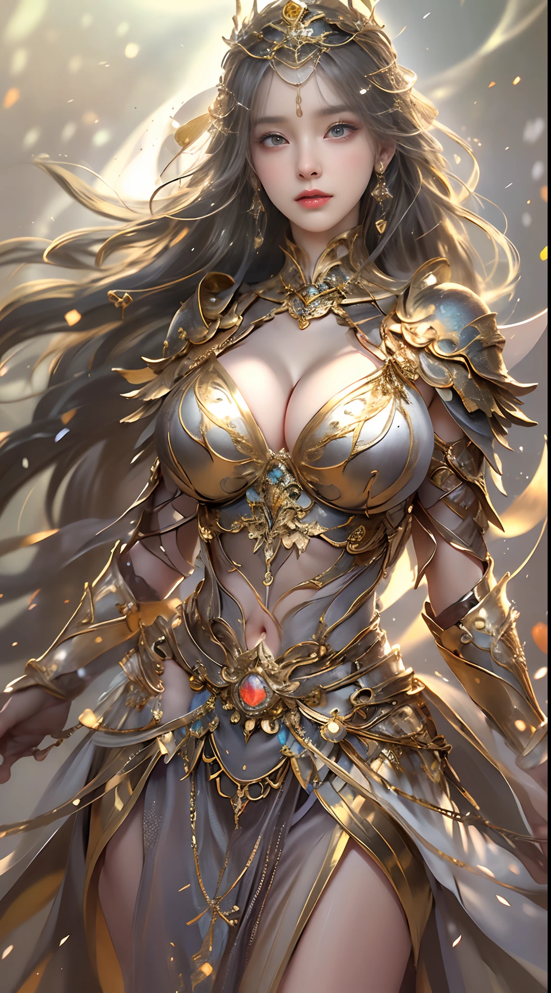 Woman in a golden transparent dress,view the viewer,(((Huge breasts, Large cleavage))),Slim waist,(navel baring,Bare waist), Long hair, Ultra-detailed details,High-end Zhenyi station, Rainstorm site, detailed fantasy art, Stunning character art, Beautiful and exquisite character art, Beautiful gold and silver armor, Extremely detailed, Girl in shiny armor, Exquisite tiaras and jewelry,Crystal jewelry filigree, milky ways, Stunning visuals, (dynamic streaks, light tracks:1.2), Vibrant colors,
