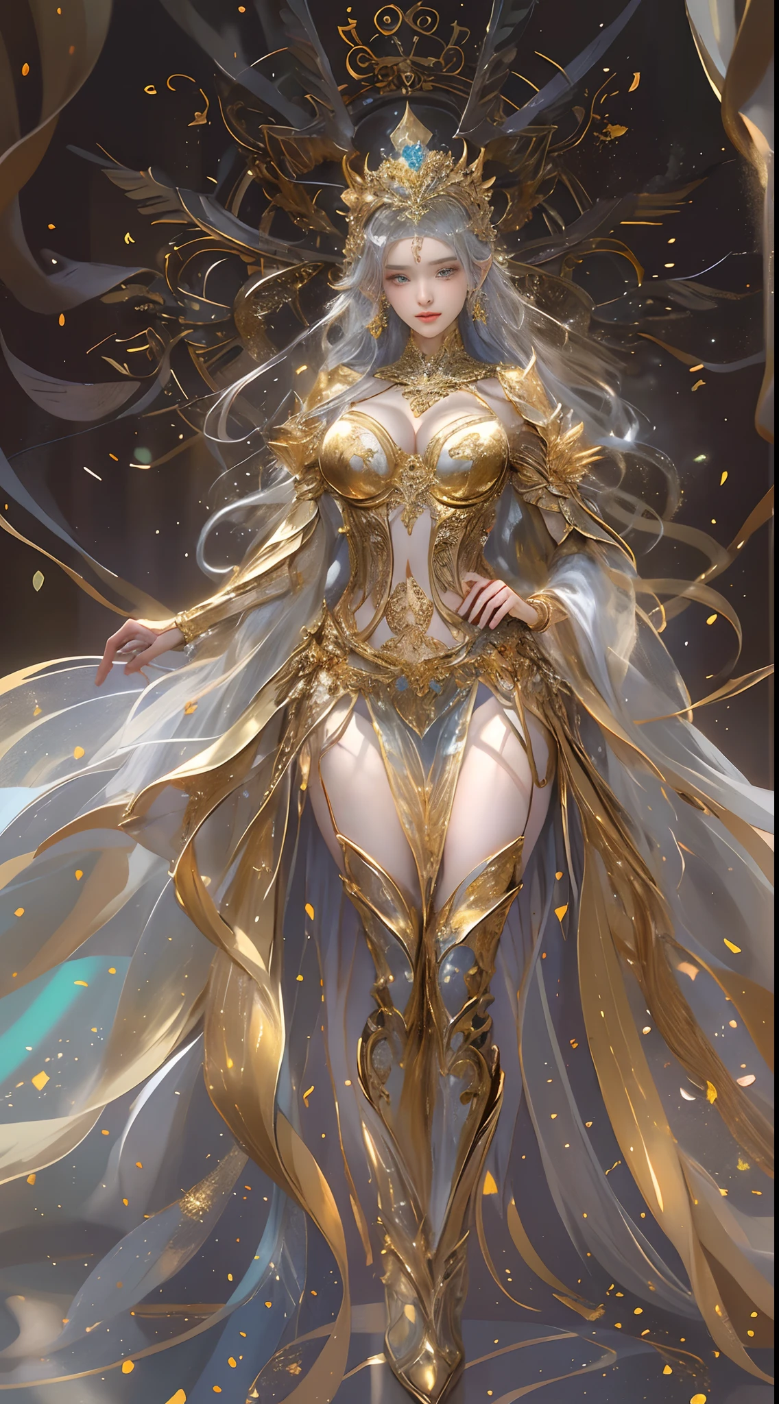 Woman in a golden transparent dress,view the viewer,(((Huge breasts, Large cleavage))),Slim waist,(navel baring,Bare waist), Long hair, Ultra-detailed details,High-end Zhenyi station, Rainstorm site, detailed fantasy art, Stunning character art, Beautiful and exquisite character art, Beautiful gold and silver armor, Extremely detailed, Girl in shiny armor, Exquisite tiaras and jewelry,Crystal jewelry filigree, milky ways, Stunning visuals, (dynamic streaks, light tracks:1.2), Vibrant colors,