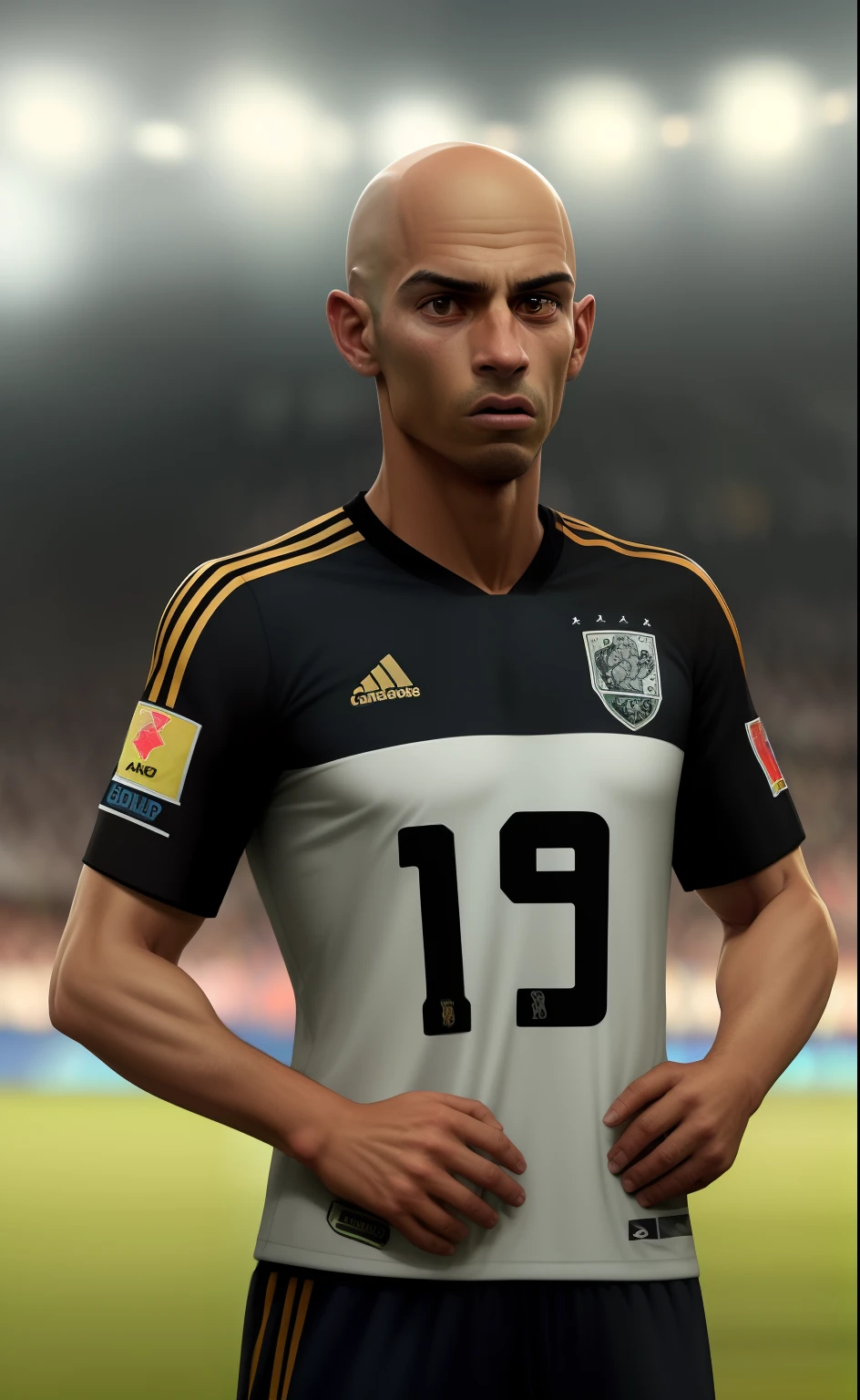 Joe Rat, the legendary striker of the World Soccer Champions, It's on the field, prestes a marcar um gol. He's wearing his team's No. 10 jersey, o Cerrado, and he has an expression of concentration on his face. He is a bald black man at the age of 18