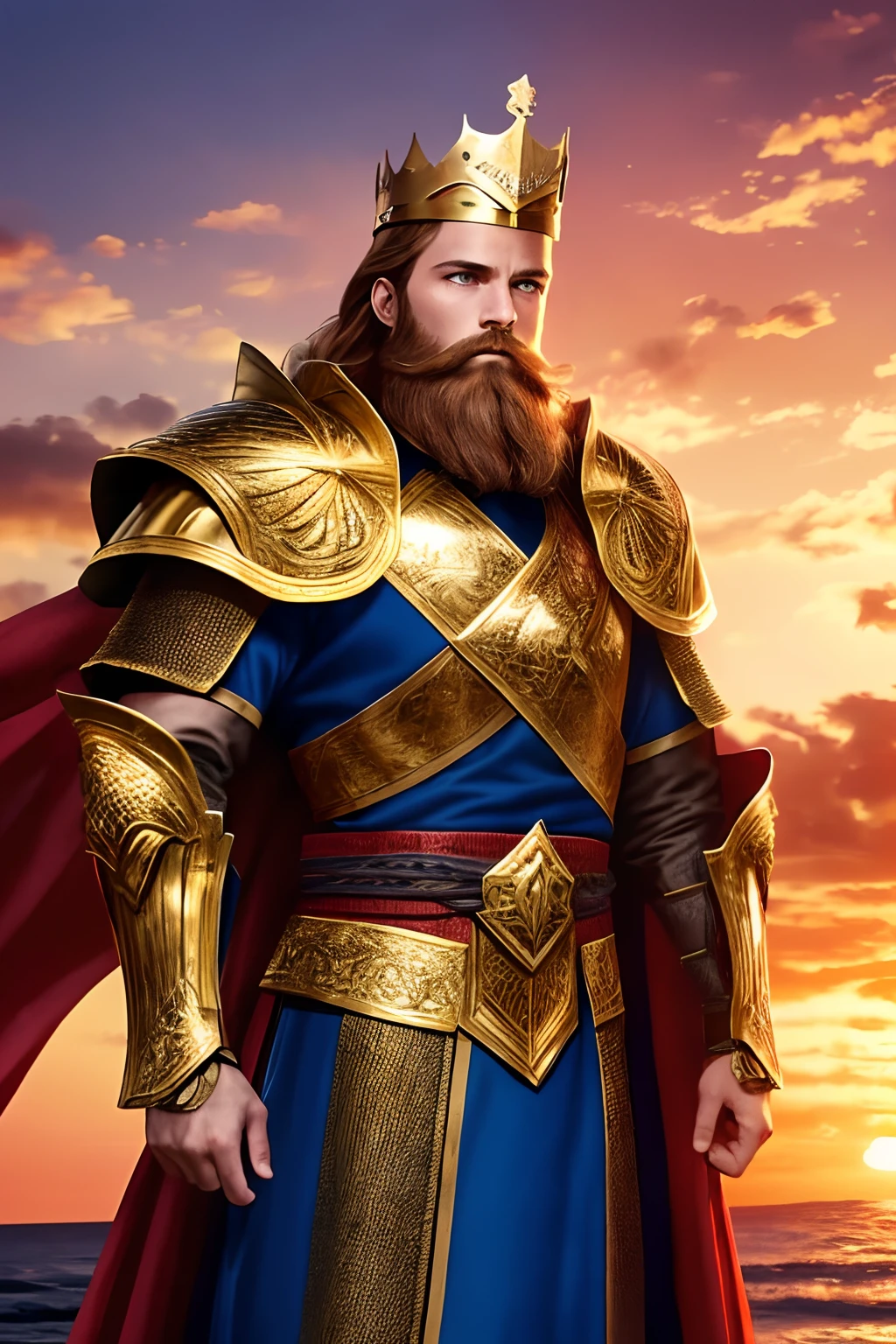 King with beard with golden crown fighting with a brave sword bravely against various enemies, with magnificent armor with a red cape, well-detailed blue eyes standing in the background the sunset with winds blowing in his hair and cape;