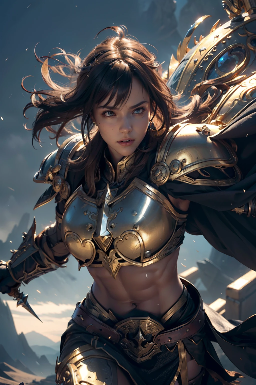 (((Well toned abs))), 8K, Ultra Definition, Mask pieces, of the highest quality, (Very detailed), Dynamic angles, mysterious look, Wind-effect, Fantasy background, Rim lighting, Cinematic lights, Ultra High Resolution, 8K UHD, Film grain, better shadows, Gentle, raw, light Particle, Detailed skin texture, detailed armor texture, Detailed face, Intricate details, super detailed, Bright, Strong, golden armour, (Holding hammer), Slashing, Crushing action, pauldron, Long cape, Fantasy, (Realistic), Shoulder Armor, Convoluted, with an intricate, Perfect Lighting, Watching Viewer, Cinematic lighting, Flying Keywords: Flying, Holy Light, Vibrant, Bangs, Wind, Paladin