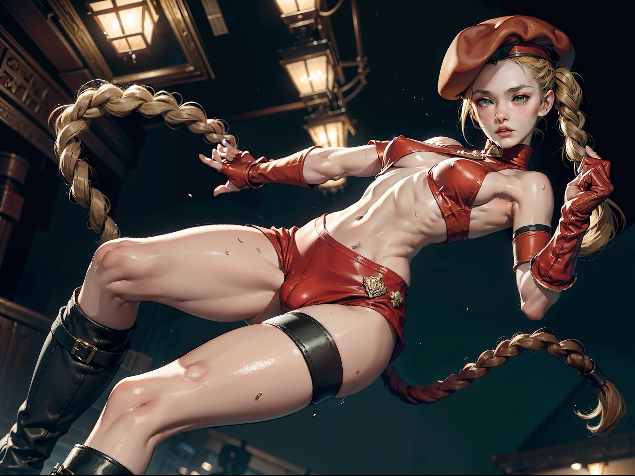 Best Quality, Masterpiece, Ultra High Resolution, rembrandt Lighting, night time, background dark, cammy street fighter, attractive, long blonde braided hair, wearing small red army beret hat, sexy singlet vibrant green outfit, wearing red combat gloves, combat boots, leggings, no cleavage, seductive, extra curves, wet skin, petite breasts, white skin, 3/4 shot of adynamic combat pose, big thighs, slim waist, shy, sfw, scantily clad, ripped, revealing outfit, camel toe, flawless masterpiece kawaii, perfect body, perfect face, perfect hands, perfect fingers, sexy pose, PERFECT ANATOMY