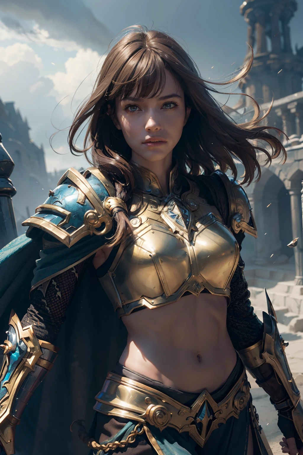 (((Well toned abs))), 8K, Ultra Definition, Mask pieces, of the highest quality, (Very detailed), Dynamic angles, mysterious look, Wind-effect, Fantasy background, Rim lighting, Cinematic lights, Ultra High Resolution, 8K UHD, Film grain, better shadows, Gentle, raw, light Particle, Detailed skin texture, detailed armor texture, Detailed face, Intricate details, super detailed, Bright, Strong, golden armour, (Holding hammer), Slashing, Crushing action, pauldron, Long cape, Fantasy, (Realistic), Shoulder Armor, Convoluted, with an intricate, Perfect Lighting, Watching Viewer, Cinematic lighting, Flying Keywords: Flying, Holy Light, Vibrant, Bangs, Wind, Paladin