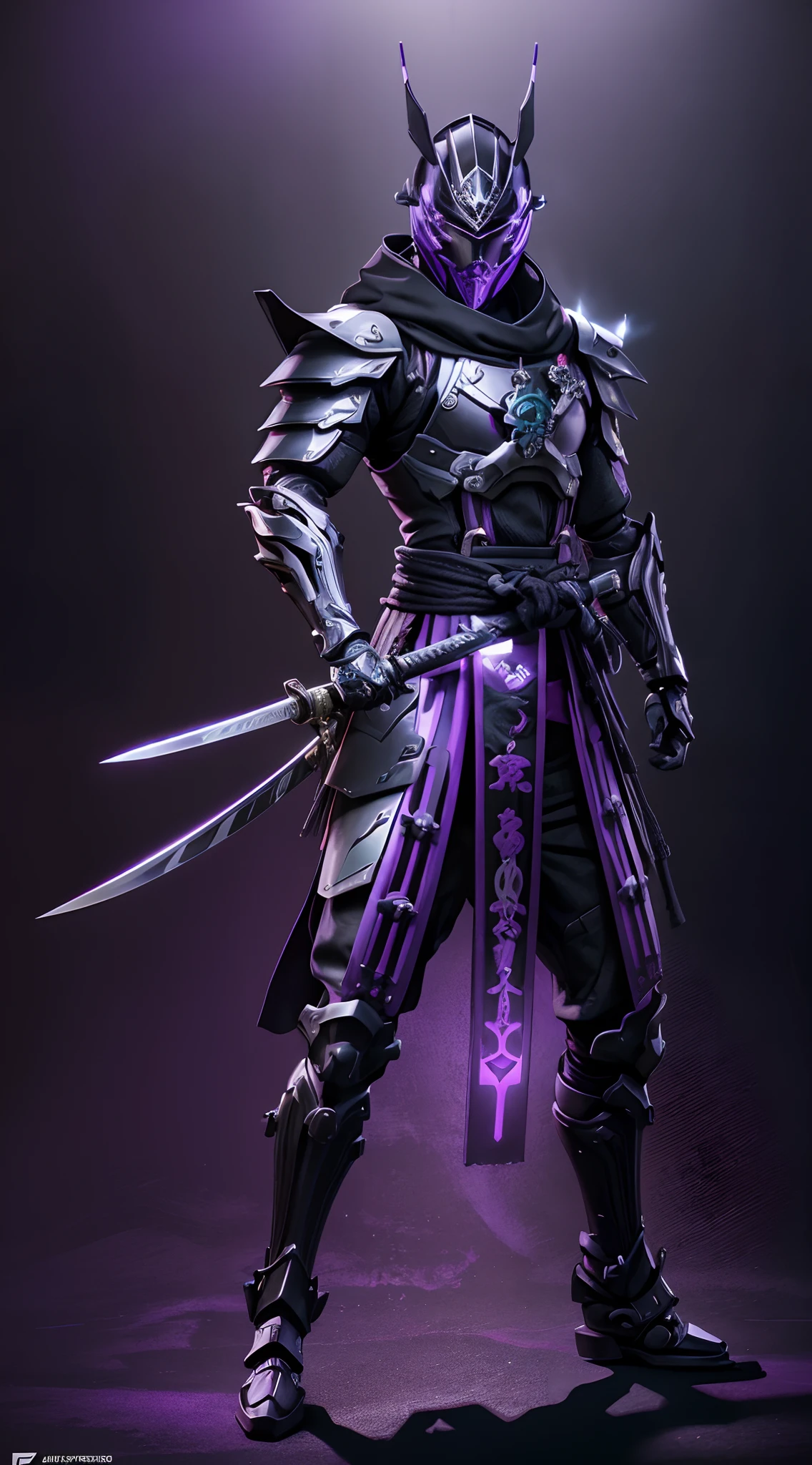 (action figure of Mechanical Samurai in a Warframe style armor with a black Katana), (purple and black color scheme with neon green linings), (Purple Samurai armor, Samurai Kabuto helmet with black flowing cloak), plastic material with metallic coating, (Japanese themed dojo background), centered, (full body shot), (dynamic action stance pose), vibrant colors, visible figure joints, cinematic shot, volumetric lighting, intricate pattern detail, highly detailed