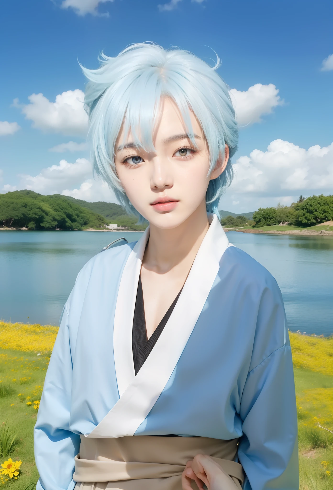 Real life adaption of this character,Korean teen handsome face , realistic messy hair light blue color ,realistic same outfit,realistic yellow eyes, white skin,realistic light,realistic shadow,hyper realistic,realism,(photorealistic:1.2)