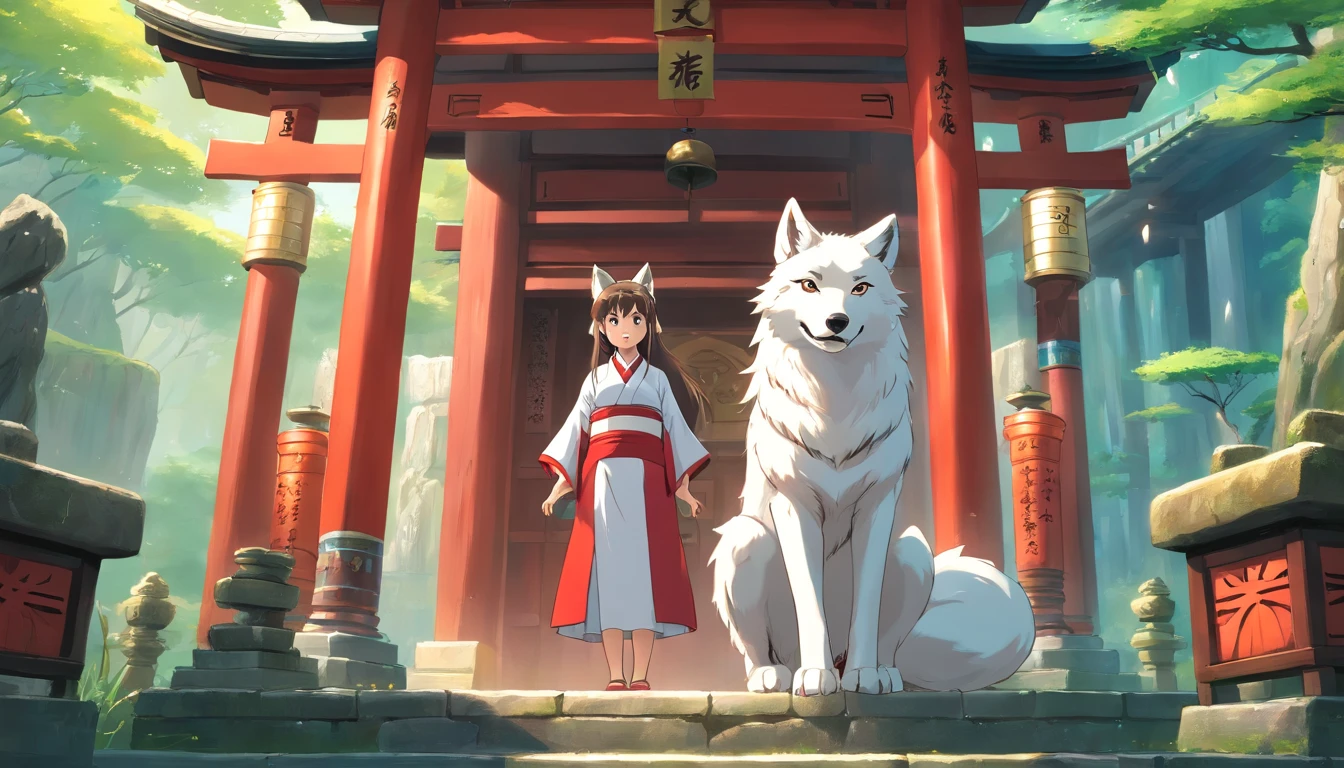 A girl in traditional japanese clothing, with white wolf beside her, standing in front of a a magical torri shrine, artgerm, by Studio Ghibli
