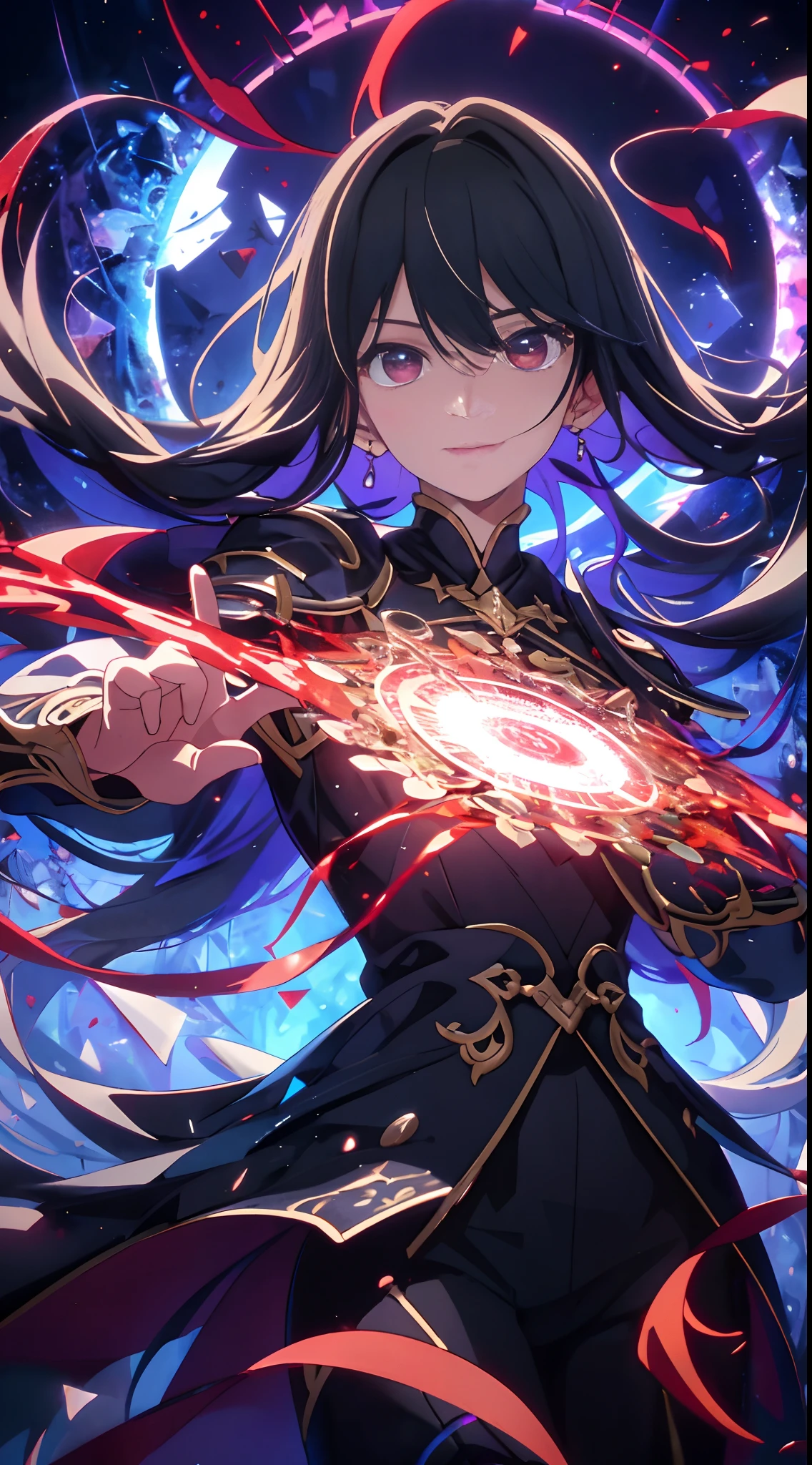 (Masterpiece: 1.2, highest quality), (Detailed Beautiful Eyes: 1.2), (Detailed Background, Dark Fantasy), (Beautiful Detailed Face), High Contrast, (Best Lighting, Very Delicate and Beautiful), (Cinematic Light)), Colorful, Hyper Detail, Dramatic Light, Intricate Detail, (Single Girl, Solo,Black Hair, Sharp Face, Low Twin Tails, Red Eyes, Hair Between Eyes, Dynamic Angle), (Blood Splash: 1.4), swirling black light around character, depth of field, black light particles, (glass shards), magic circle,