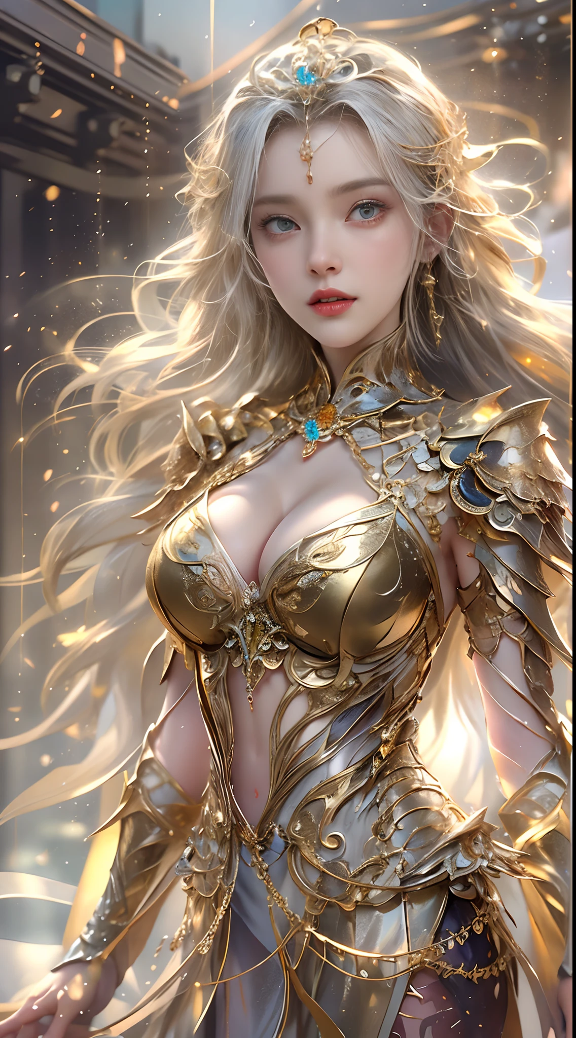 Woman in a golden transparent dress,view the viewer,(((Huge breasts, Large cleavage))),Slim waist,(navel baring,Bare waist), Long hair, Ultra-detailed details,High-end Zhenyi station, Rainstorm site, detailed fantasy art, Stunning character art, Beautiful and exquisite character art, Beautiful gold and silver armor, Extremely detailed, Girl in shiny armor, Exquisite tiaras and jewelry,Crystal jewelry filigree, milky ways, Stunning visuals, (dynamic streaks, light tracks:1.2), Vibrant colors,
