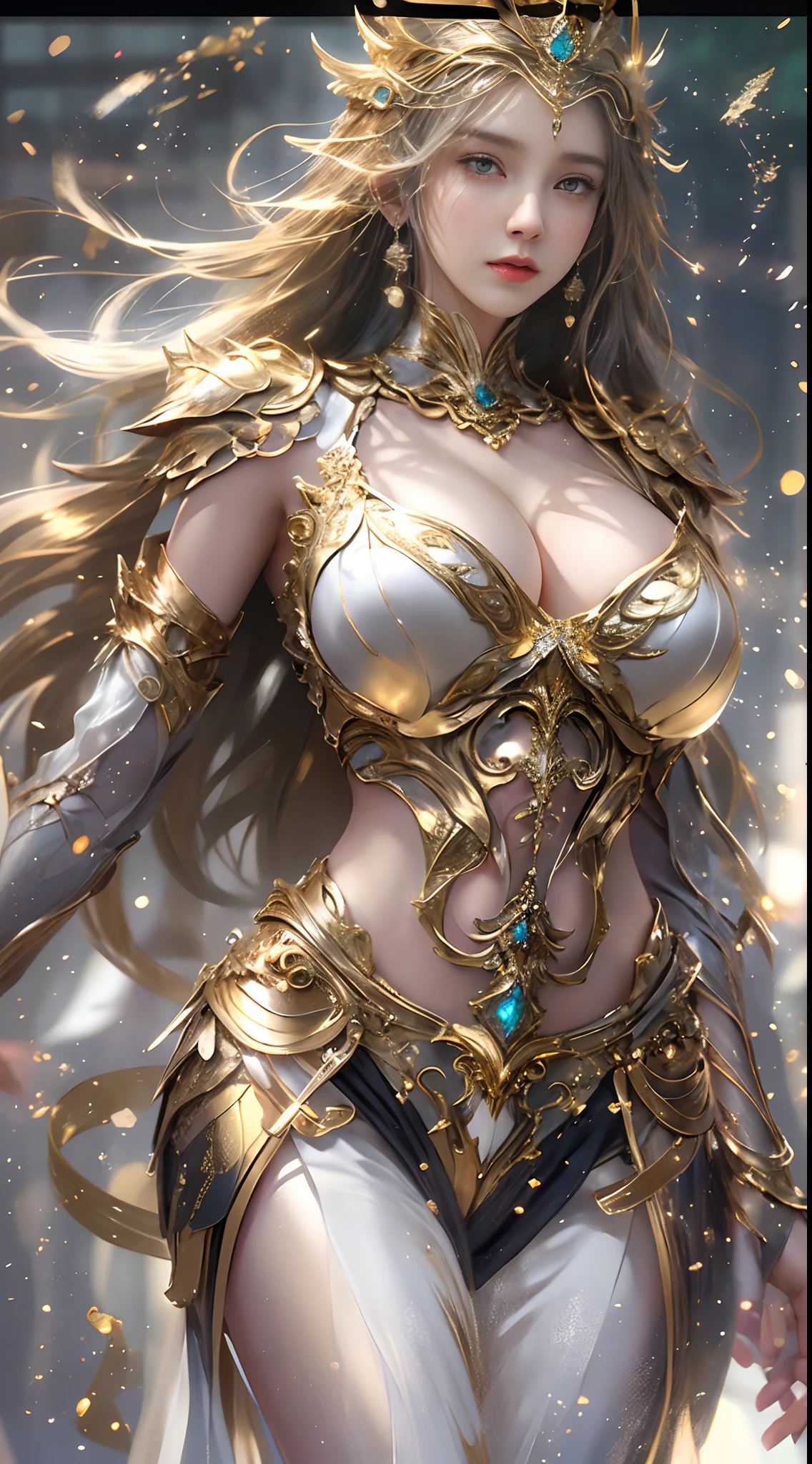 Woman in a golden transparent dress,view the viewer,(((Huge breasts, Large cleavage))),Slim waist,(navel baring,Bare waist), Long hair, Ultra-detailed details,High-end Zhenyi station, Rainstorm site, detailed fantasy art, Stunning character art, Beautiful and exquisite character art, Beautiful gold and silver armor, Extremely detailed, Girl in shiny armor, Exquisite tiaras and jewelry,Crystal jewelry filigree, milky ways, Stunning visuals, (dynamic streaks, light tracks:1.2), Vibrant colors,