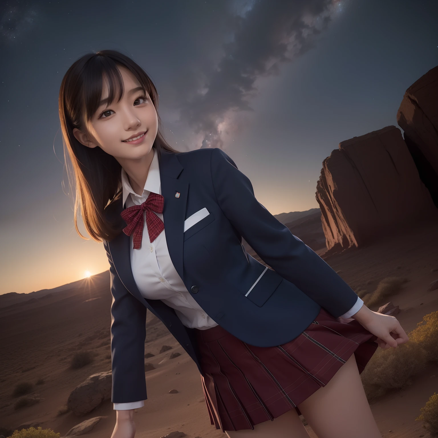 masutepiece, Super Detail, High quality, awardwinning, 8K, (girl), Solo, Smiling, japanese hight school uniform, (All formal jackets are dark navy blue), White shirt, Short skirts are plaid, Theme color is dark navy, up close shot, On the surface of Mars, (Reddish rocky desert), Wide Red Desert, At night, Starry sky, Milky way, Detailed fingers, scientific fiction
