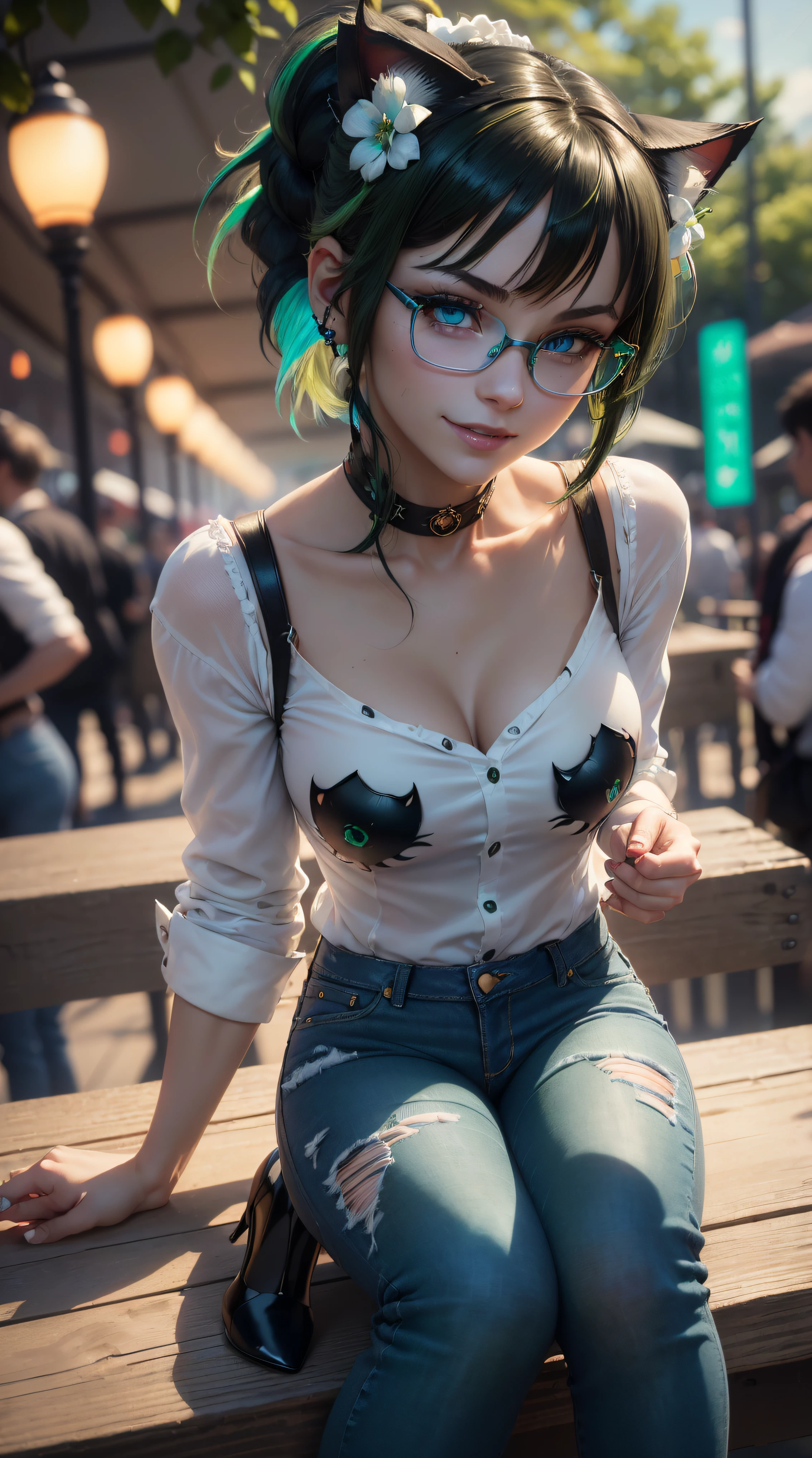BLACKLIGHT, ((NSFW)), realistic art, extremely delicate and beautiful, ultra-detailed, (1girl), blue eyes, floating, detailed light, illustration, dynamic angle, depth of field, ((((milf)))), girly, long hair, ((green and black hair, multicoloured hair, green highlights hair, (Ponytail), hair ornament, hair flower, flower, makeup, braid, smile)), vampire eyes, showing fangs, pale white skin, (((best quality, 1girl, (skindentation), (blur background:0.6), in a crowded amusement park, (casual yet stylish, glasses, (Cat ears), ((White shirt, (Blue Jeans), High heels)), ), gorgeous, (short hair:1.5), soft lighting, wind, (front light:1.5), surprised, choker, smile, jewelry, earrings))), (ultra high res, best quality,), (8k, raw photo, best quality, masterpiece), technological sense, best quality, masterpiece, illustration,CG ,unity ,wallpaper, official art, Amazing, finely detail, an extremely delicate and beautiful,extremely detailed, highly detailed, sharp focus,rich background, (real person,photograph), ((high detailed skin)),