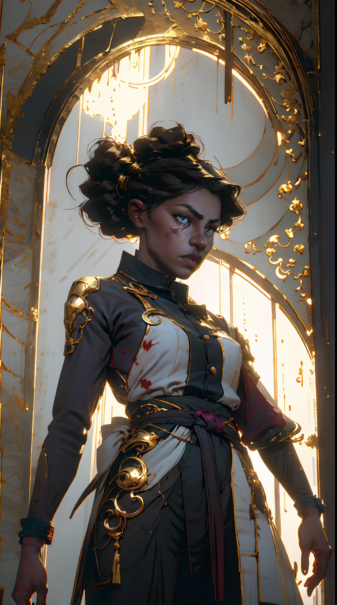 Sevika from Arcane, Tall muscular woman, full body, masculine features, rough features, after fight, dark short hair (dark hair 1.3), (grey eyes 1.3) (dark brown skin 1.3), blood on face after fight, detailed golden background, fortiche style, symbolic background, reneiisance style background, emotional, dynamic lighting, warm colours