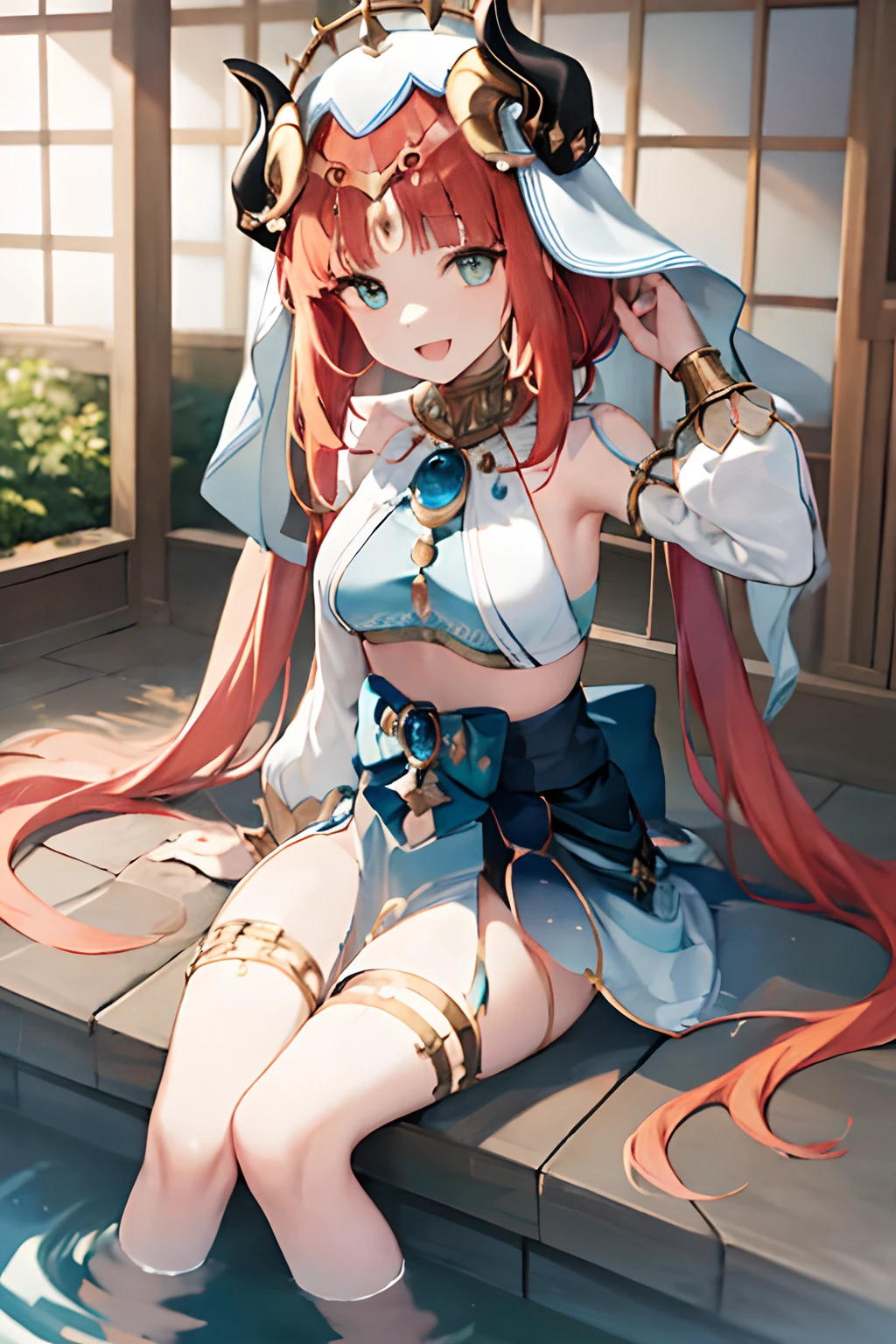 masterpiece, best quality, absurdres, nilou (neither flower nor mist) (genshin impact), aqua eyes, nilou (genshin impact), fake horns, 1girl, solo, red hair, veil, smile, long hair, crop top, jewelry, horns, night, bracer, brooch, long sleeves, puffy long sleeves, looking at viewer, skirt, bangs, twintails, water, puffy sleeves, sky, neck ring, open mouth, :d, flower, harem outfit, gold trim, parted bangs, arm up, breasts, circlet, outdoors, blue skirt, hair ornament, detached sleeves, low twintails, floating hair, gem, hair flower, blue gemstone, masterpiece, highres, best quality, 1girl solo, kamisato_ayaka, sitting, from above, looking at viewer, light smile, wading, wet hair, night, poolside, japanese onsen