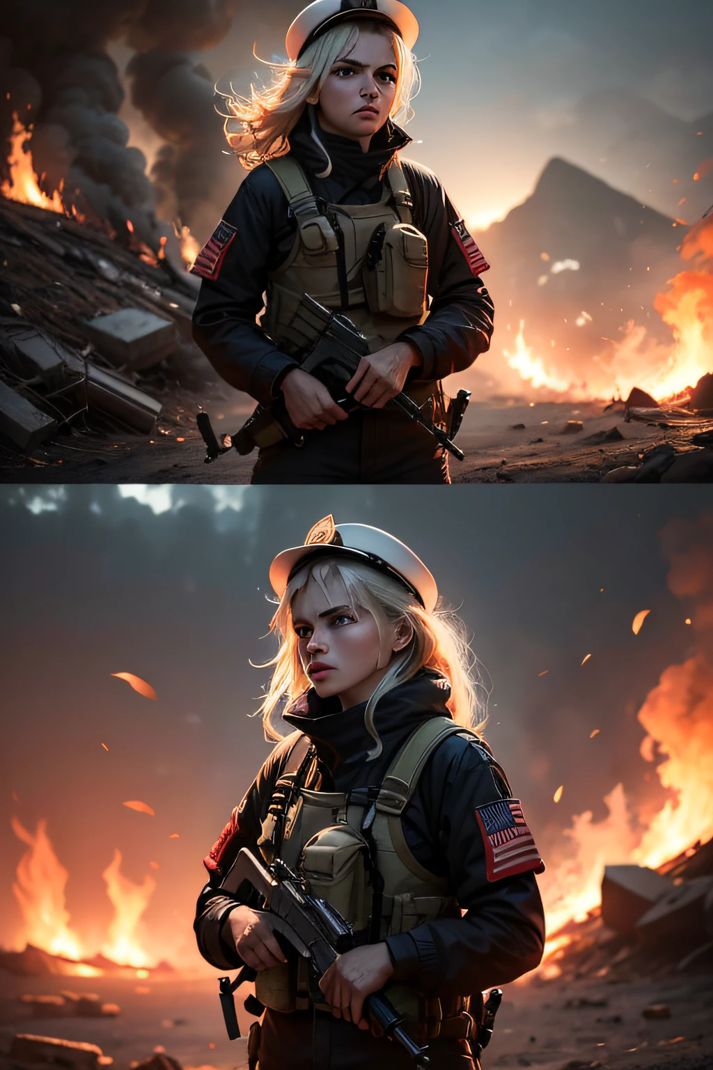 Images of people in dangerous situations, Like a fire, uma enchente ou uma guerra.