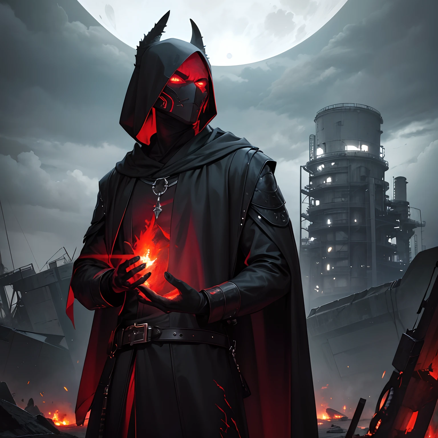 An ancient creature in the form of an evil anthropomorphic lizard in a black torn robe with a belt, soars above the spiral abyss, in which hundreds of lost demonic souls fly to nowhere, There is a hood on the head of the creature, The face is fierce, On the face of a leather half-mask, Eyes glow red, There are bare trees around, Destroyed houses, Abandoned oil refinery, Black clouds in the sky, thunder-storm, Winter ominous evening, full moon, Palette: Black, Red, Green, White, Gray, Dark Fantasy Style, max detail