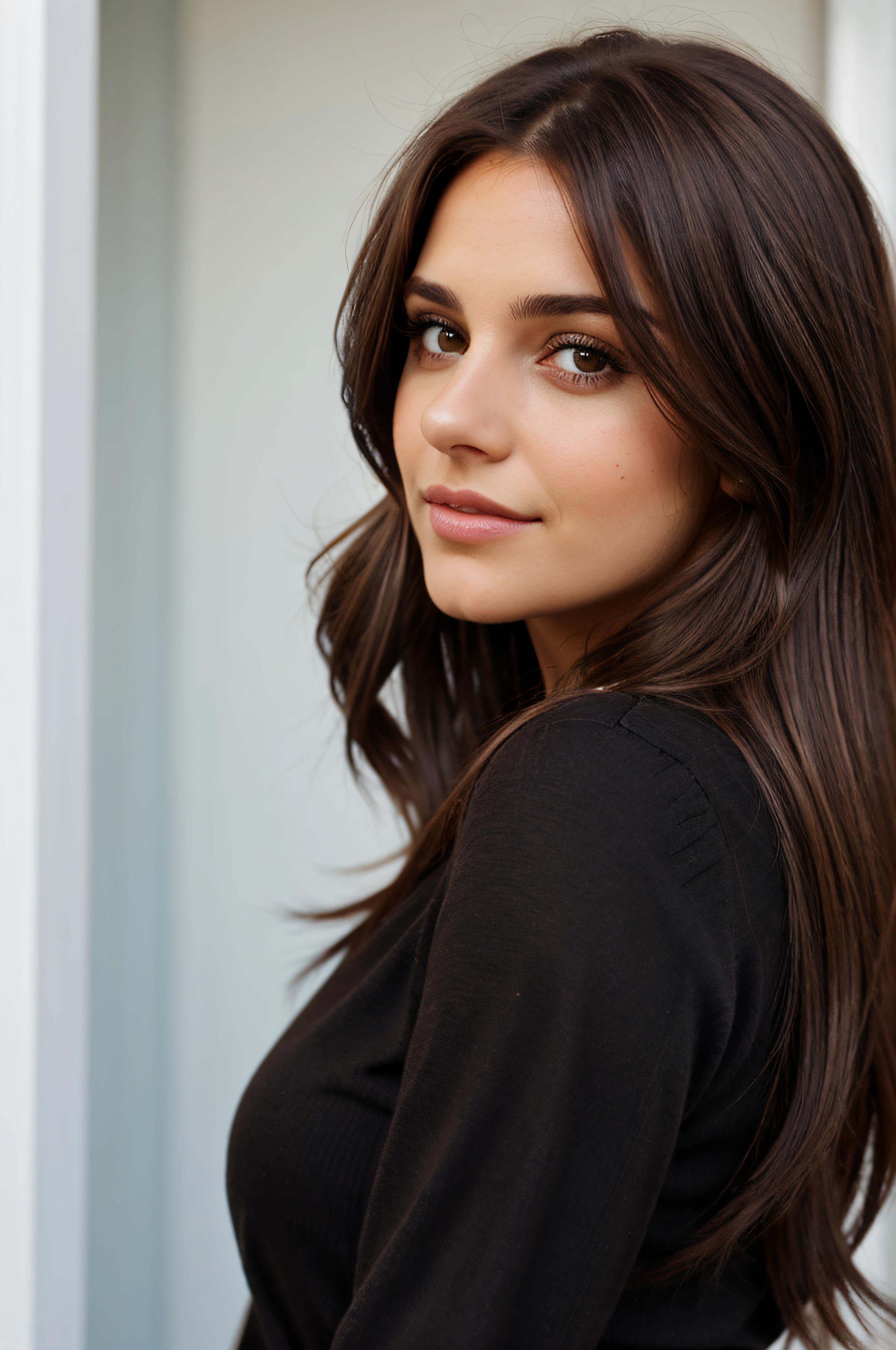 1mujer, (realista:1), brown hair, Cabello largo, ojos negros, feliz