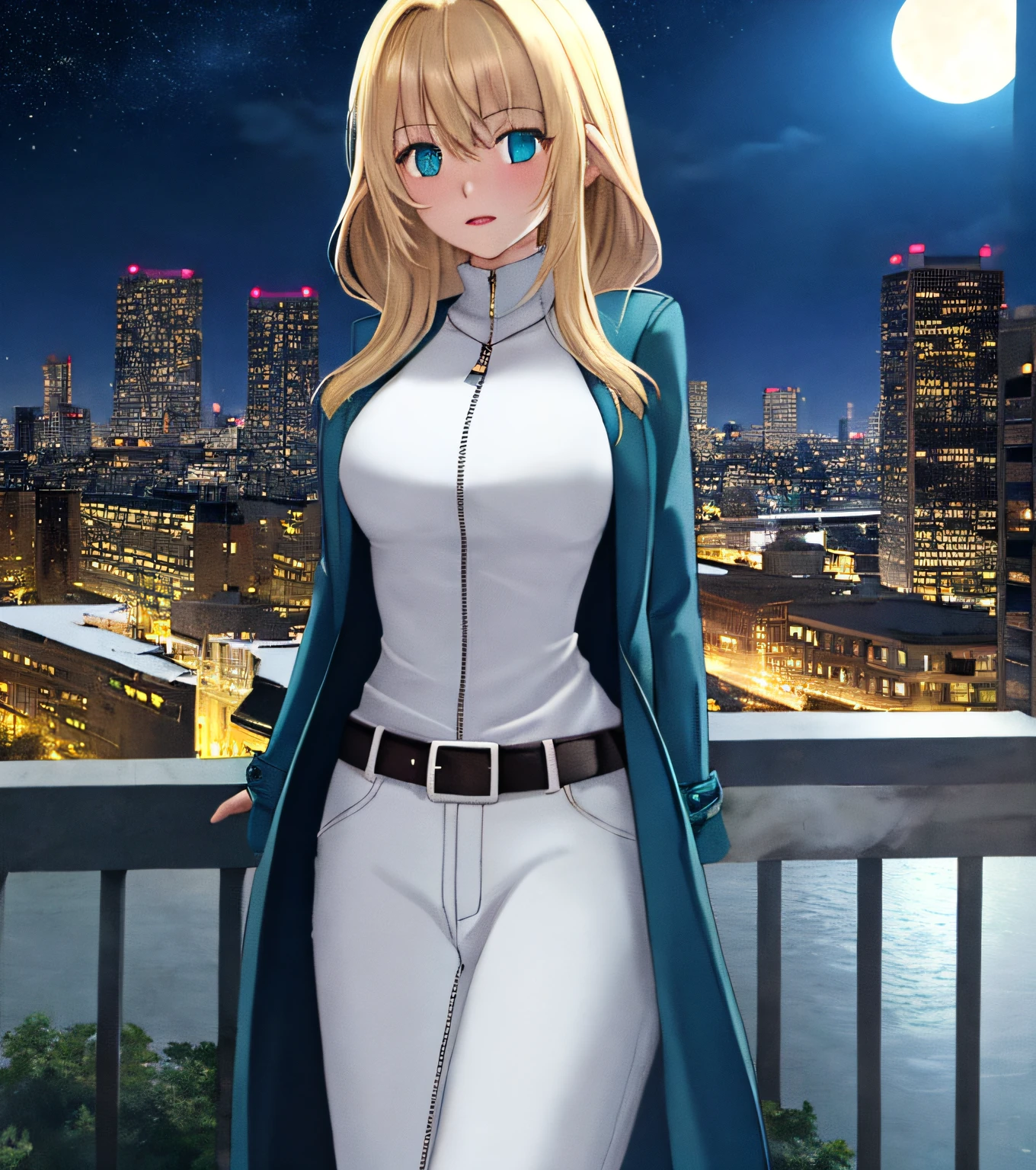 masterpiece, best quality, night, 1girl, long hair, blue eyes, blonde hair, arms behind back, solo, outdoors, coat, night, belt, building, city, parted lips, open clothes, bangs, open coat, green coat, breasts, green jacket, glowing, looking at viewer, zipper, long sleeves, turtleneck