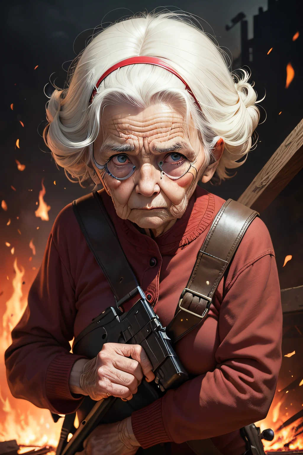 Images of OLD people in dangerous situations, Like a fire, uma enchente ou uma guerra.
