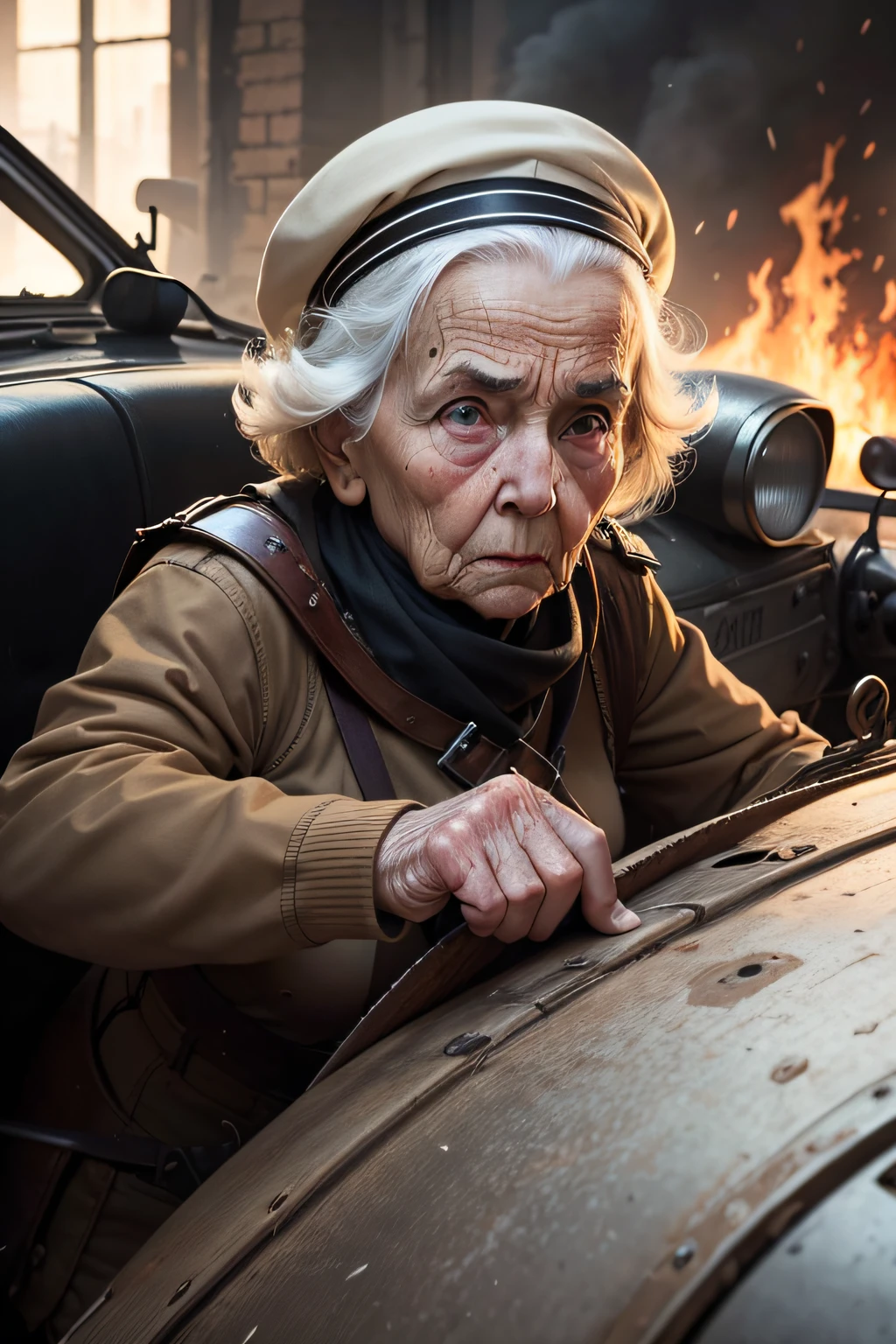 Images of OLD people in dangerous situations, Like a fire, uma enchente ou uma guerra.