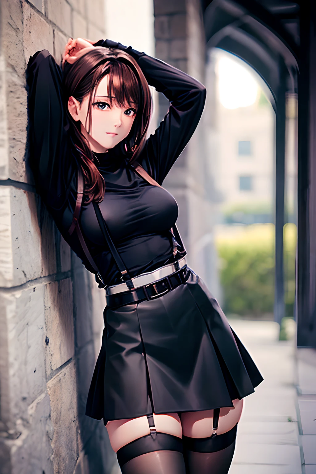 Black skirt, suspenders, Brown hair Gray eyes, Garter belt on the legs, Tight black clothes, a belt Armpit sweat Dark look Moderately breasts holster chain poneyTail Water wetting