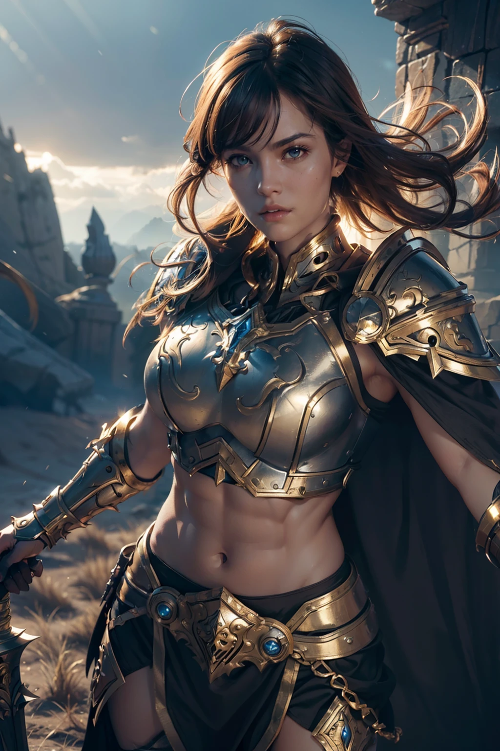 (((Well toned abs))), 8K, Ultra Definition, Mask pieces, of the highest quality, (Very detailed), Dynamic angles, mysterious look, Wind-effect, Fantasy background, Rim lighting, Cinematic lights, Ultra High Resolution, 8K UHD, Film grain, better shadows, Gentle, raw, light Particle, Detailed skin texture, detailed armor texture, Detailed face, Intricate details, super detailed, Bright, Strong, golden armour, (Holding hammer), Slashing, Crushing action, pauldron, Long cape, Fantasy, (Realistic), Shoulder Armor, Convoluted, with an intricate, Perfect Lighting, Watching Viewer, Cinematic lighting, Flying Keywords: Flying, Holy Light, Vibrant, Bangs, Wind, Paladin