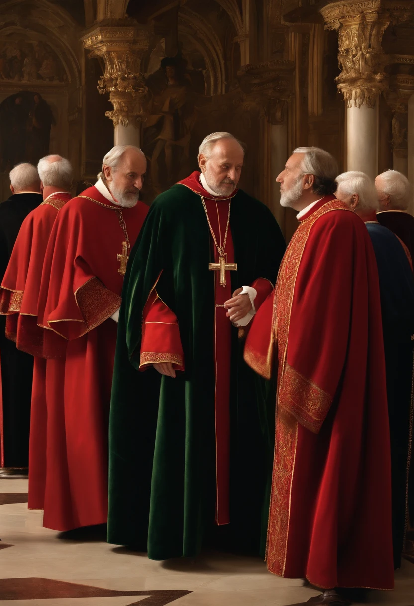The leader of the Catholic Church in sixteenth-century Italy, wearing the Renaissance robes of the time, in a solemn meeting with other ecclesiastical leaders, todos retratados de forma ultra realista, com detalhes minuciosos em seus semblantes, costumes and in the meeting room, Pintura, oil on the canvas, --ar 16:9 --v 5