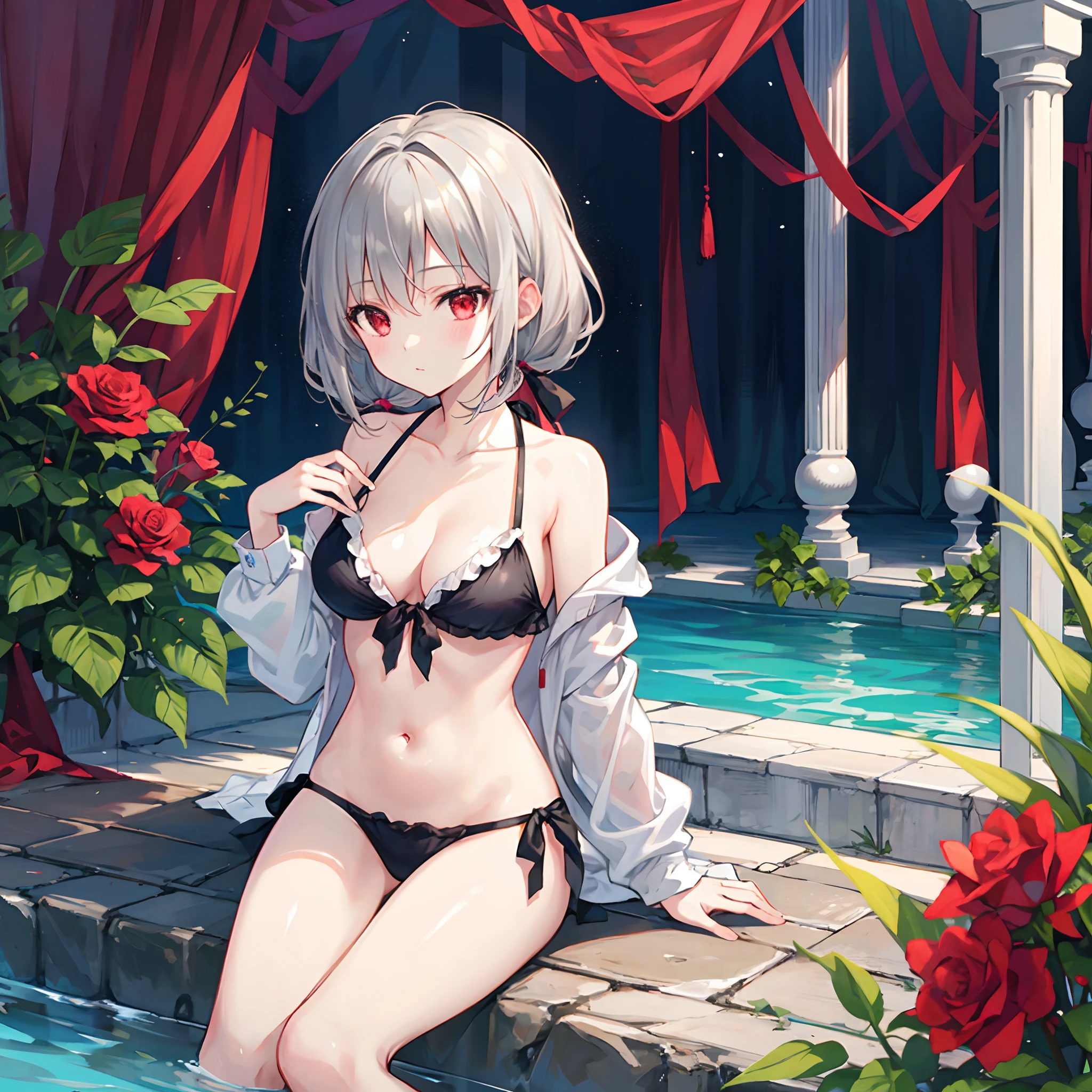 Wavy Gray Hair、poneyTail、red eyes、Beautiful girl alone、The bikini、gravure、sitting on、rose garden