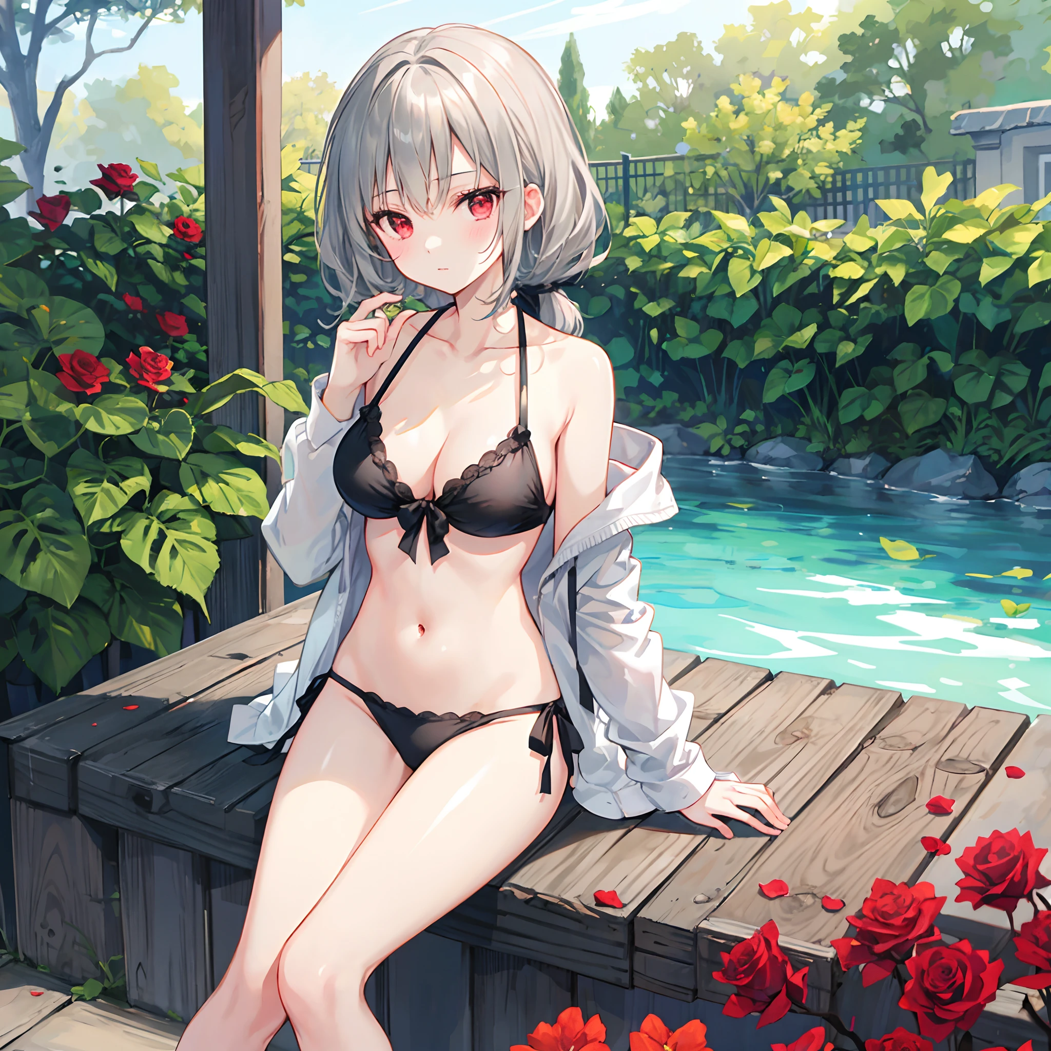 Wavy Gray Hair、poneyTail、red eyes、Beautiful girl alone、The bikini、gravure、sitting on、rose garden