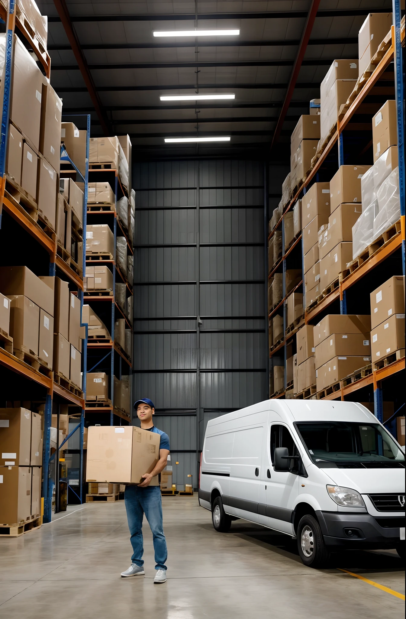 a man holding a box in a warehouse with a van in the background, in warehouse, in a warehouse, inside a warehouse, warehouses, stock photo, inspect in inventory image, full pallet image, delivering packages for amazon, where a large, full res, warehouse, bottom angle, a wide full shot, wide portrait, shutterstock, on a dark background