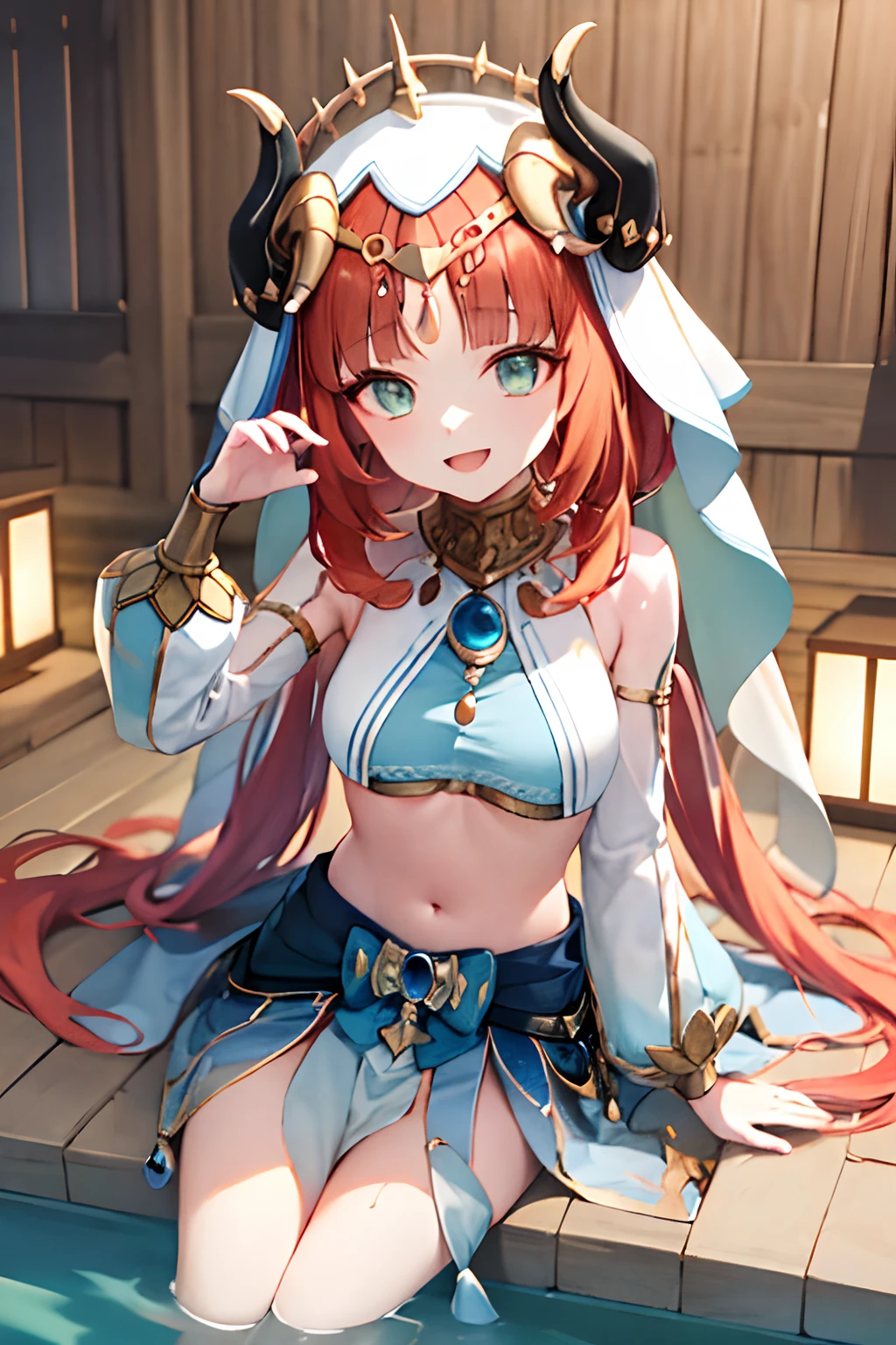 masterpiece, best quality, absurdres, nilou (neither flower nor mist) (genshin impact), aqua eyes, nilou (genshin impact), fake horns, 1girl, solo, red hair, veil, smile, long hair, crop top, jewelry, horns, night, bracer, brooch, long sleeves, puffy long sleeves, looking at viewer, skirt, bangs, twintails, water, puffy sleeves, sky, neck ring, open mouth, :d, flower, harem outfit, gold trim, parted bangs, arm up, breasts, circlet, outdoors, blue skirt, hair ornament, detached sleeves, low twintails, floating hair, gem, hair flower, blue gemstone, masterpiece, highres, best quality, 1girl solo, kamisato_ayaka, sitting, from above, looking at viewer, light smile, wading, wet hair, night, poolside, japanese onsen