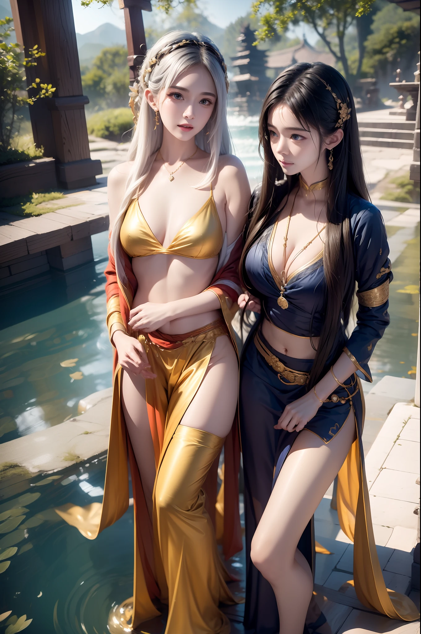 1girll，Extremely beautiful Nami (One Piece), Subtle makeup, prime time, Photorealistic, High contrast, 8K HD, Detailed, Hyper-detailed, Realistic skin texture, orange long hair, bikini top only, Blue pants, Large of breast, Best quality, 超高分辨率, RAW photo, Dramatic lighting, illusory engine, Diffuse glow, En plein air, Realistic details of One Piece pirate ship, Treasure Trove, gold, gold coins, Gold bars.