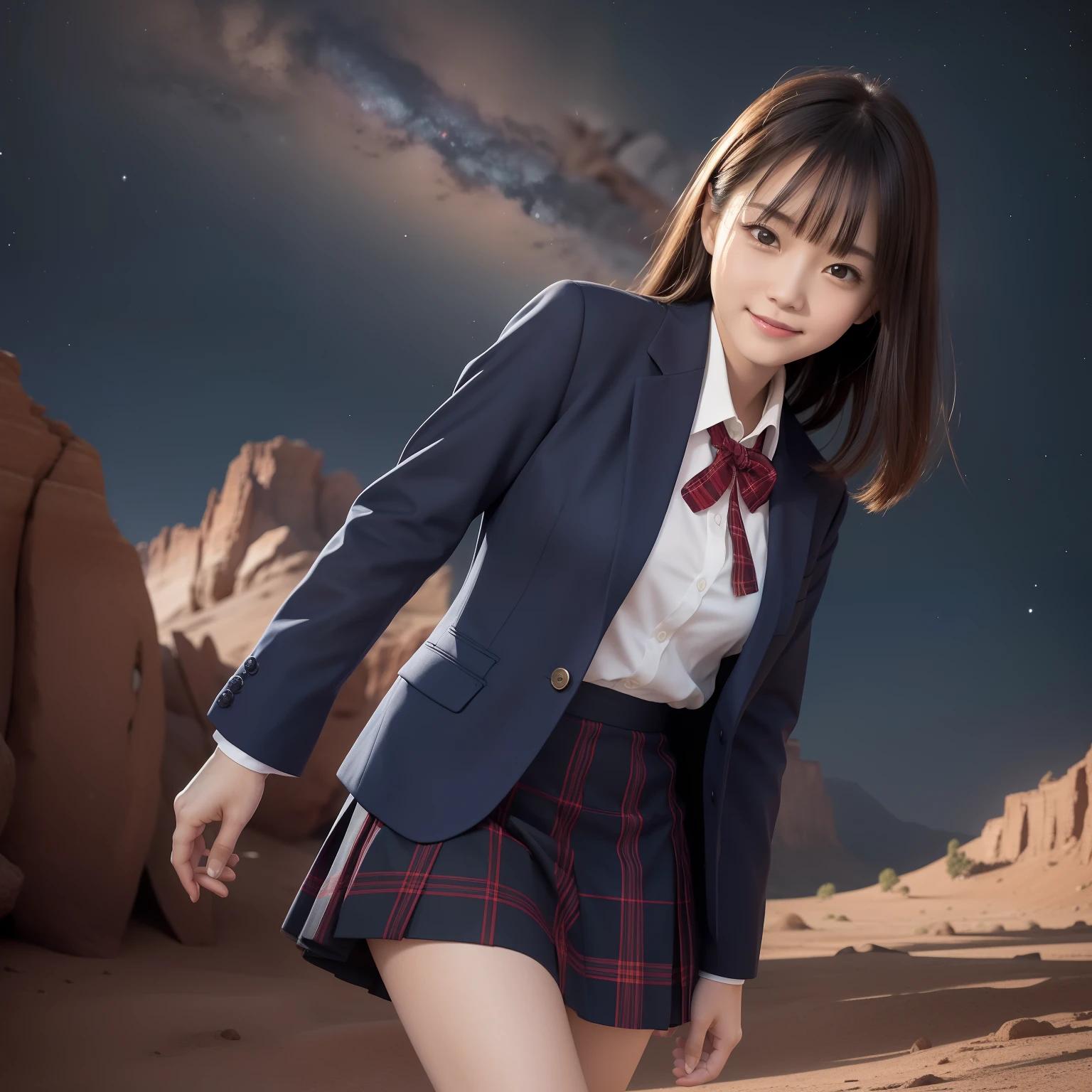 masutepiece, Super Detail, High quality, awardwinning, 8K, (girl), Solo, Smiling, japanese hight school uniform, (All formal jackets are dark navy blue), White shirt, Short skirts are plaid, Theme color is dark navy, up close shot, On the surface of Mars, (Reddish rocky desert), Wide Red Desert, At night, Starry sky, Milky way, Detailed fingers, scientific fiction