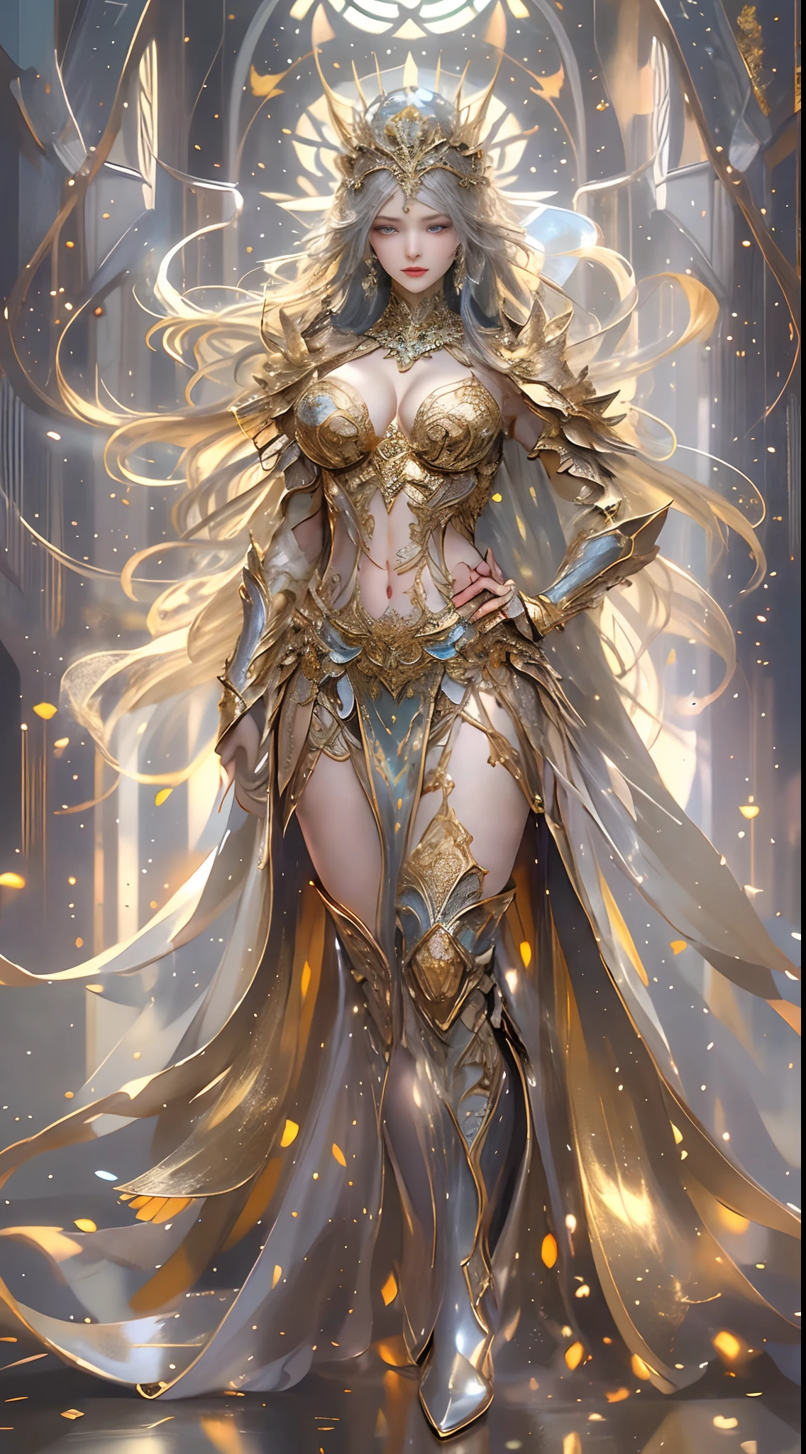 Woman in a golden transparent dress,view the viewer,(((Huge breasts, Large cleavage))),Slim waist,(navel baring,Bare waist), Long hair, Ultra-detailed details,High-end Zhenyi station, Rainstorm site, detailed fantasy art, Stunning character art, Beautiful and exquisite character art, Beautiful gold and silver armor, Extremely detailed, Girl in shiny armor, Exquisite tiaras and jewelry,Crystal jewelry filigree, milky ways, Stunning visuals, (dynamic streaks, light tracks:1.2), Vibrant colors,
