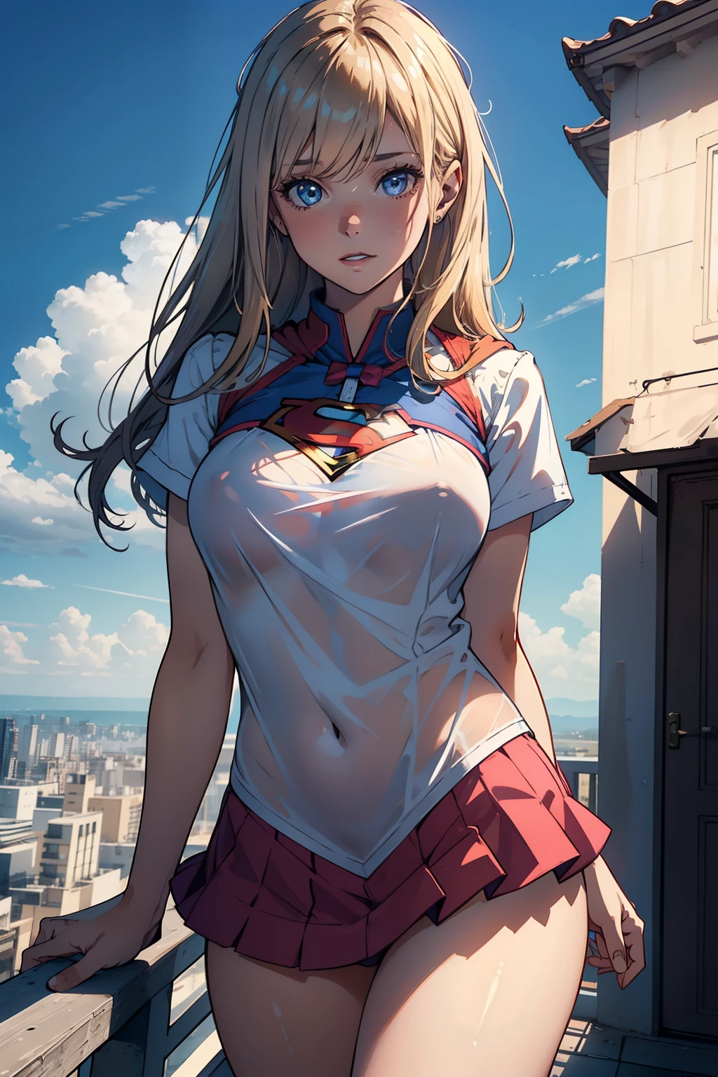 Best quality, 4k wallpaper, 2 mains parfaites seulement, ouvre grand sa chemise, fille parfaite, Uniforme minimaliste de Supergirl, Supergirl 8k wallpaper extremely detailed, Des yeux brillants, cheveux noirs courts, ombre parfaite, Masterpiece, Regarder le spectateur, rougissant, very embarrassed, Sourire innocent, extremely detailed eyes, Ultra-detailed, 1 fille solo, 2 mains parfaites seulement, ouvre grand sa chemise, fille parfaite, Uniforme minimaliste de Supergirl, 1 fille solo seulement, Evening at the top of a skyscraper, Outdoor party, Regarder le spectateur, seins moyens , Boobs Off Shirt, NSFW (en anglais seulement), Lait maternel, lait, (le lait maternel sort du sein) proportion mammaire parfaite, NSFW (en anglais seulement) award winning