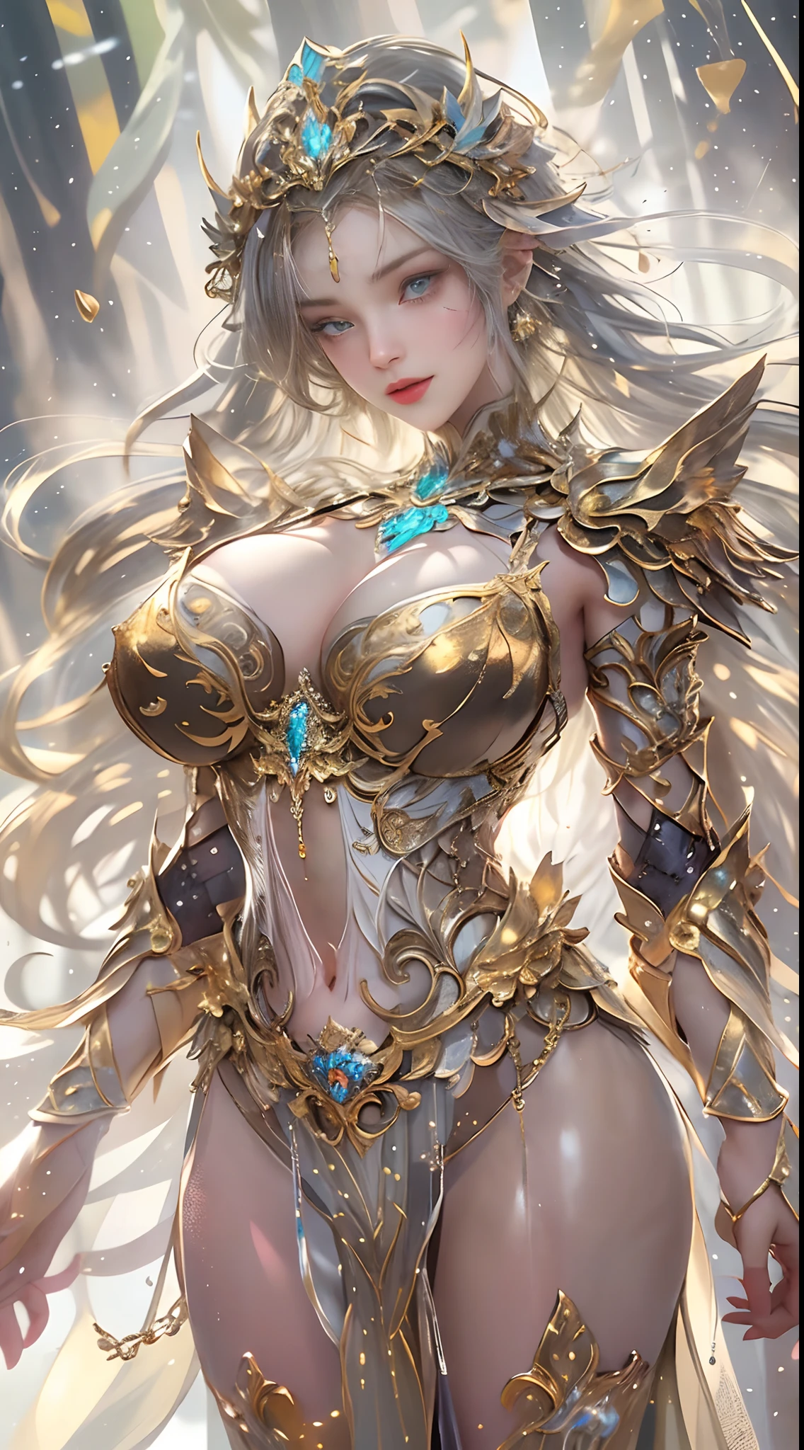 Woman in a golden transparent dress,view the viewer,(((Huge breasts, Large cleavage))),Slim waist,(navel baring,Bare waist), Long hair, Ultra-detailed details,High-end Zhenyi station, Rainstorm site, detailed fantasy art, Stunning character art, Beautiful and exquisite character art, Beautiful gold and silver armor, Extremely detailed, Girl in shiny armor, Exquisite tiaras and jewelry,Crystal jewelry filigree, milky ways, Stunning visuals, (dynamic streaks, light tracks:1.2), Vibrant colors,