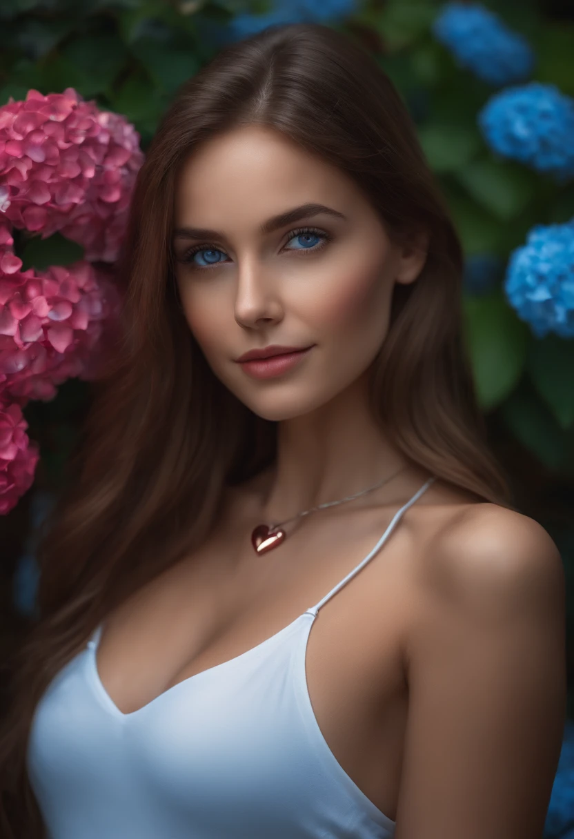 4k, June scenery, Beautiful woman, long hair, brown hair, medium breasts, blue eyes, white shirt, hot pants, neon red heart necklace, looking at viewer, night, colorful hydrangea