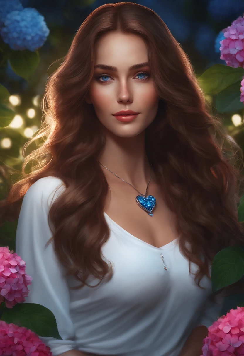 4k, June scenery, Beautiful woman, long hair, brown hair, medium breasts, blue eyes, white shirt, hot pants, neon red heart necklace, looking at viewer, night, colorful hydrangea