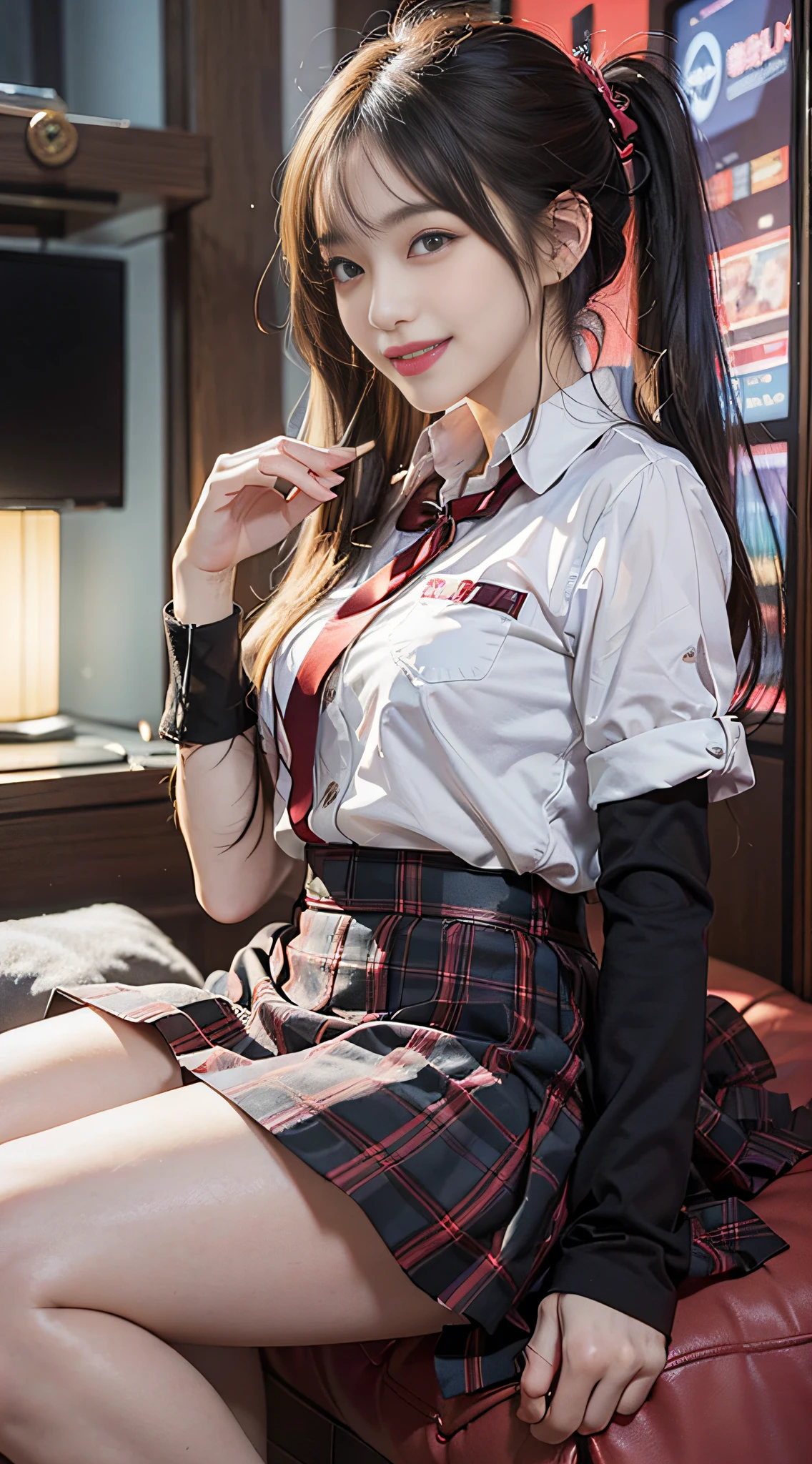 1girl in, (Solo), masutepiece, Best Quality, 8K, hight resolution, extremely detailed girl, extremely detailed beautiful face, Beautiful skin,Navel,cleavage,medium breasts,Black hair, Short hair,  (School uniform), Revealing clothes, White collared shirt, Red plaid tie, Red collar, Red plaid mini skirt, Cowboy Shot, White panties, Lying,(ideal ratio body proportions),