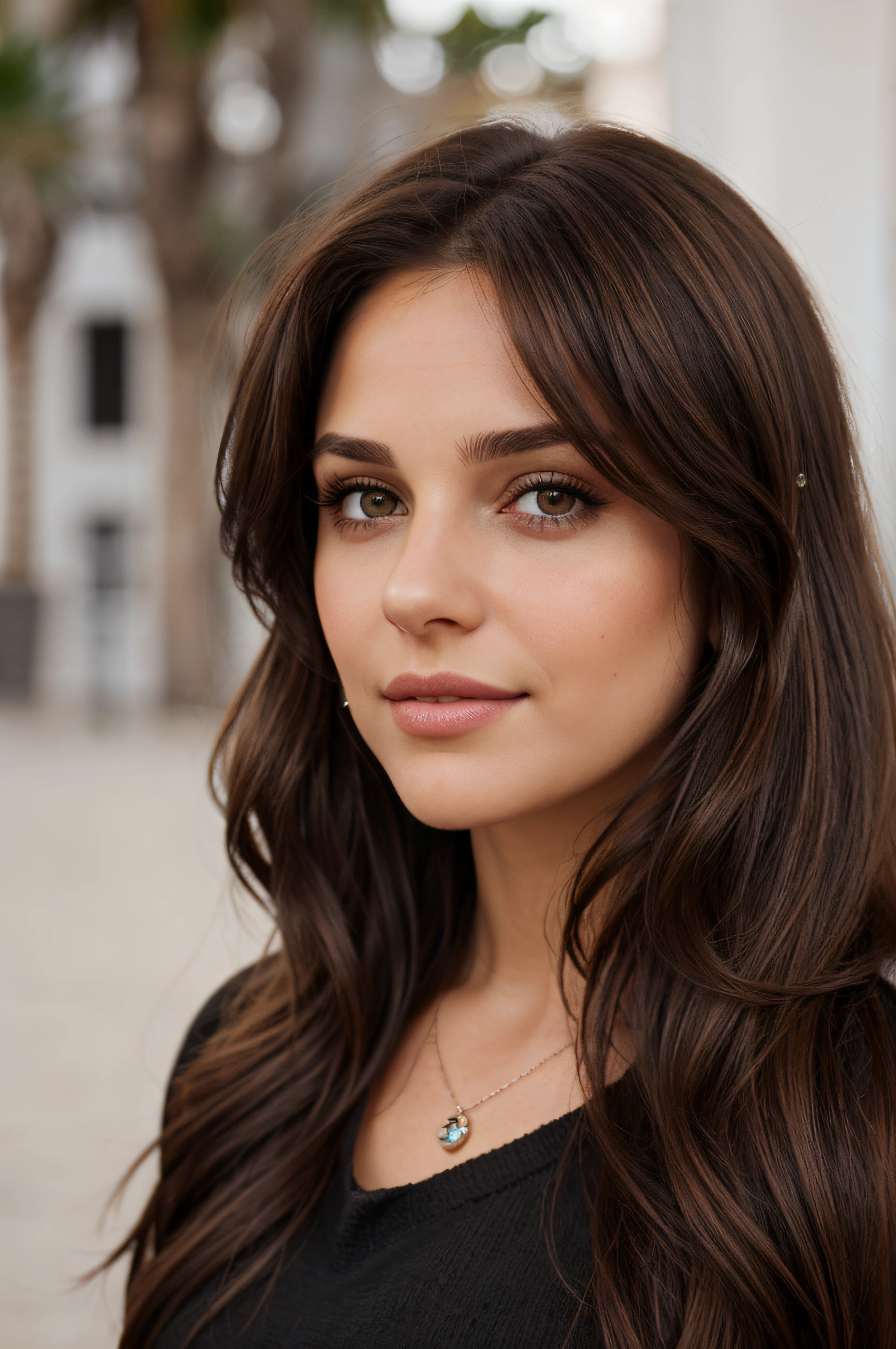 A woman with long brown hair and a black top - SeaArt AI
