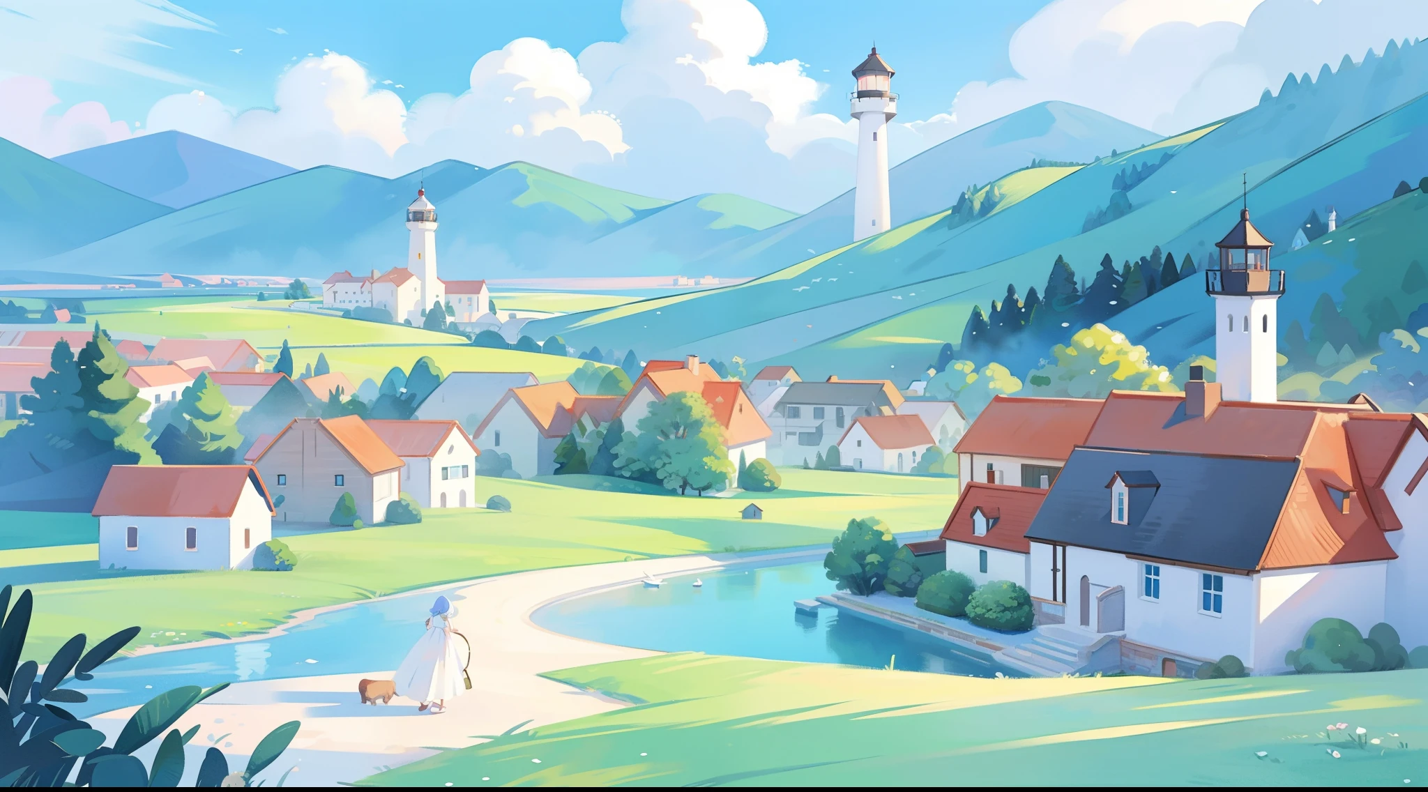 ((picture book illustration)), ocean fantasy, watercolor illustration, whimsical, pastel colors, village, houses, huge lighthouse, ((masterpiece)), highly detailed environment