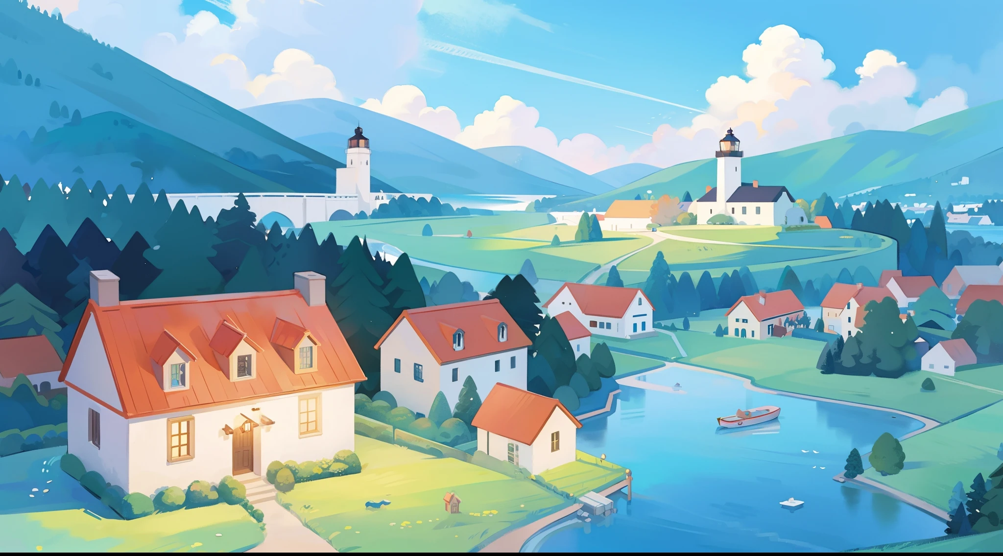((picture book illustration)), ocean fantasy, watercolor illustration, whimsical, warm colors, village, houses, huge lighthouse, ((masterpiece)), highly detailed environment