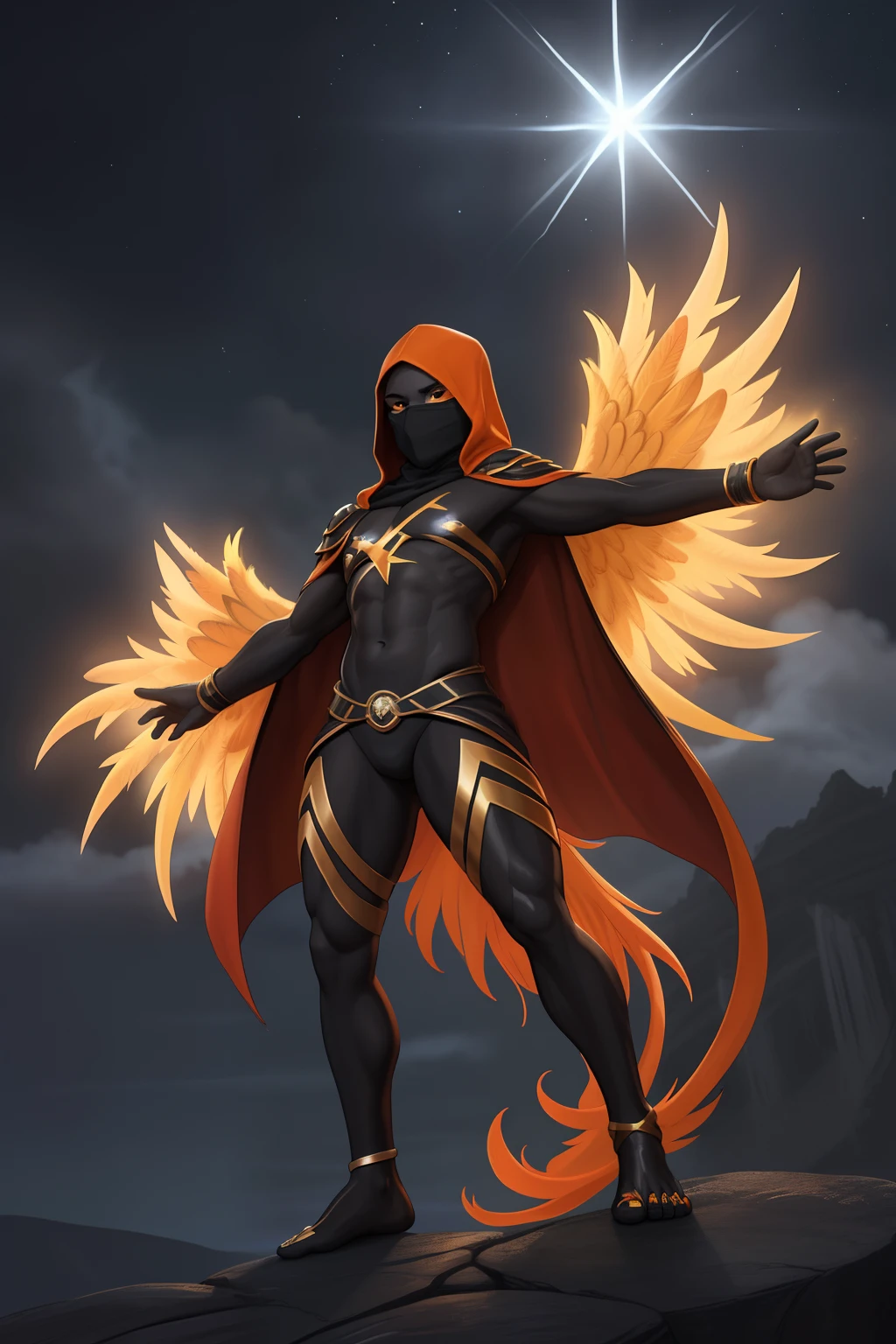 Create an image of a black ninja after an apocalypse in the future afro hair falling forward, Rasta type but braided,tiro de corpo inteiro, tiro de corpo inteiro, , Lightning in the sky, arms extended, olhando para frente, parado no topo de uma montanha, manto e capa vermelhos, cruz brilhante no ar. ,Arte Luz Neon, no escuro da noite, Um navio alto navega pelos mares iluminados pela ,......lua, estrelas, Colouring, circunstanciado, 4k de corpo inteiro, Olhos firmes, olhando para frente, Lightning in the sky, arms extended, olhando para frente, parado no topo de uma montanha, manto e capa vermelhos, Shiny cross on a realistic 4K phoenix with orange feathers, with a serious expression and looking forward, corpo inteiro.Jesus, tiro de corpo inteiro, Olhos firmes, olhando para frente, Lightning in the sky, arms extended, olhando para frente, parado no topo de uma montanha, manto e capa vermelhos, Shining cross in the airA realistic 4K phoenix with orange feathers, with a serious expression and looking forward, corpo inteiro. , com seios bonitos, Perfect Summoning Body, Barefoot female, Levitando, Hooded robes and arms raised on a broken earth;, luz de lava brilhante de baixo do campo de asteroides (rochas irregulares, pedregulhos e detritos disparando para o com , a wide thigh is beautiful perfect body, is beautiful a destination with ,vario expression sexual pose, erótic