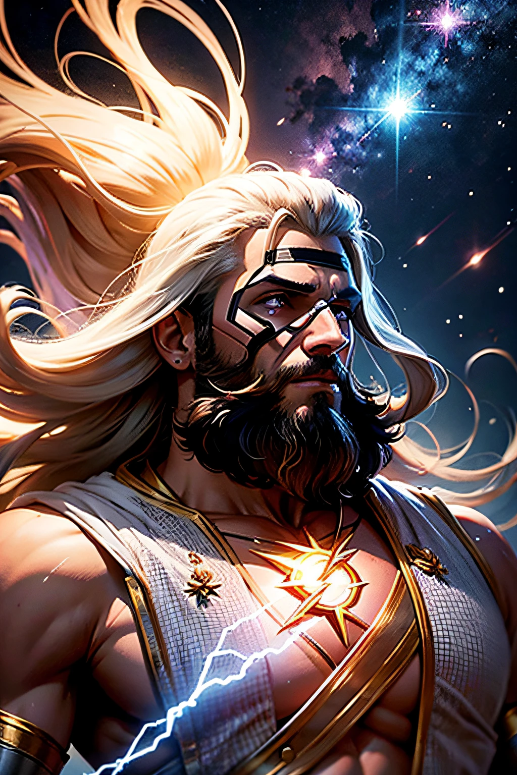 Images of God in the heavens in their traditional form, como um homem com barba branca e roupas brancas. AND A FLASH IN THE SKY