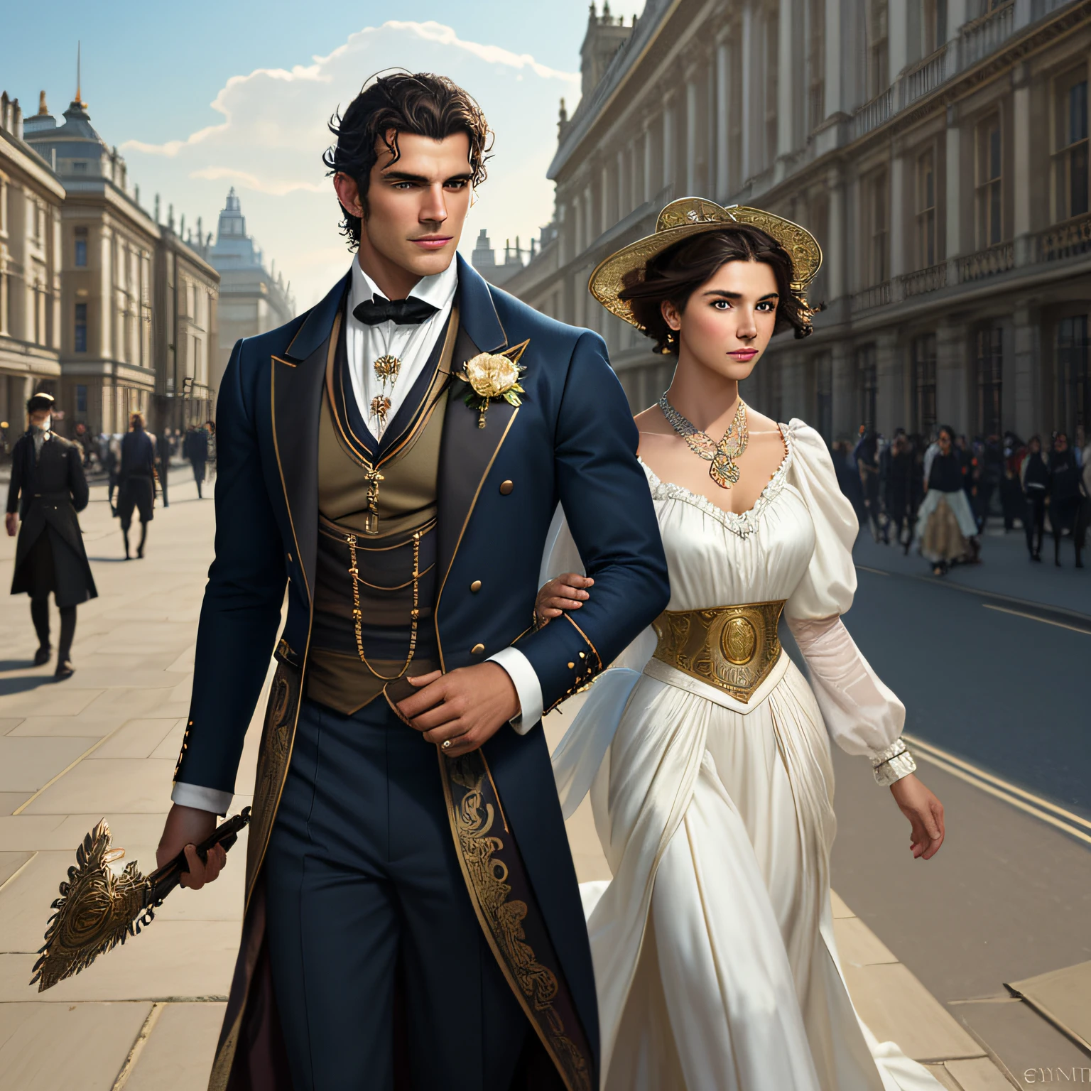 masterpiece stunning beautiful tanned masculine  man, wearing regency man outfit, no hat, ((sunny london background)), black very short hair, perfect, big and detailed blue eyes, resemblance to henri cavill with maxi iglesias, harmonic and detailed face, full body, cover, hyperdetailed painting, luminism, Bar lighting, complex, 4k resolution concept art portrait by Greg Rutkowski, Artgerm, WLOP, Alphonse Mucha: a stunning realistic photograph 30 years