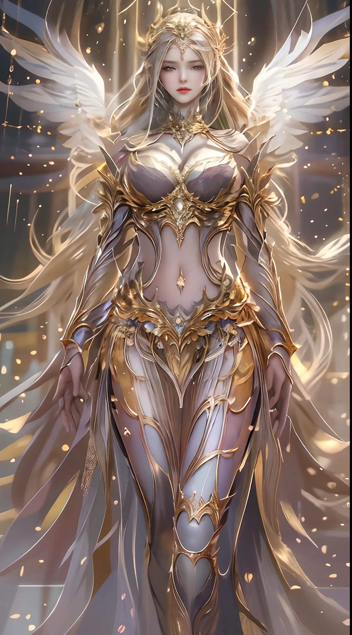 Woman in a golden transparent dress,view the viewer,(((Huge breasts, Large cleavage))),Slim waist,(navel baring,Bare waist), Long hair, Ultra-detailed details,High-end Zhenyi station, Rainstorm site, detailed fantasy art, Stunning character art, Beautiful and exquisite character art, Beautiful gold and silver armor, Extremely detailed, Girl in shiny armor, Exquisite tiaras and jewelry,Crystal jewelry filigree, milky ways, Stunning visuals, (dynamic streaks, light tracks:1.2), Vibrant colors,