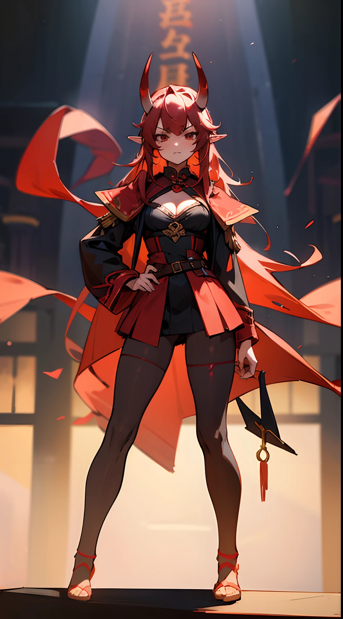 1oni woman,solo,serious face,governant outfit,cleavage,red hair, long hair,pantyhoses,mature female,elves ears,oni horns,standing in the stage on sallon