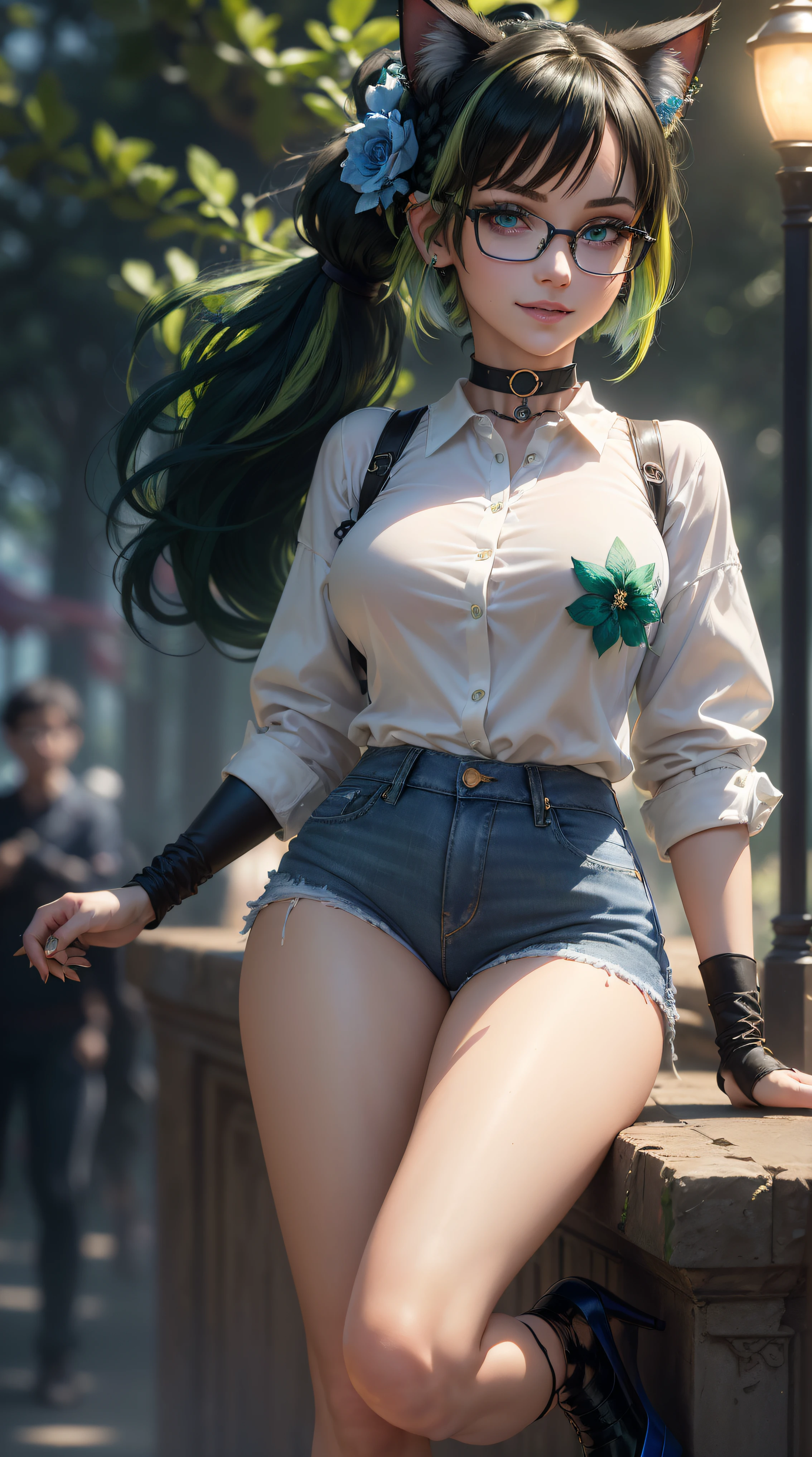 BLACKLIGHT, ((NSFW)), realistic art, extremely delicate and beautiful, ultra-detailed, (1girl), blue eyes, floating, detailed light, illustration, dynamic angle, depth of field, ((((milf)))), girly, long hair, ((green and black hair, multicoloured hair, green highlights hair, (Ponytail), hair ornament, hair flower, flower, makeup, braid, smile)), vampire eyes, showing fangs, pale white skin, (((best quality, 1girl, (skindentation), (blur background:0.6), in a crowded amusement park, (casual yet stylish, glasses, (Cat ears), ((White shirt, (Blue Jeans), High heels)), ), gorgeous, (short hair:1.5), soft lighting, wind, (front light:1.5), surprised, choker, smile, jewelry, earrings))), (ultra high res, best quality,), (8k, raw photo, best quality, masterpiece), technological sense, best quality, masterpiece, illustration,CG ,unity ,wallpaper, official art, Amazing, finely detail, an extremely delicate and beautiful,extremely detailed, highly detailed, sharp focus,rich background, (real person,photograph), ((high detailed skin)),