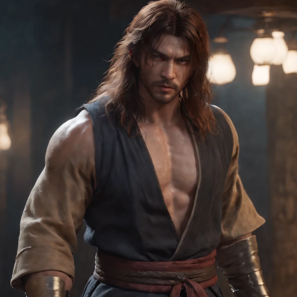 (Professional 3D Rendering:1.3) in the (Realistic:1.3) The most beautiful artwork photos in the world,Features soft and shiny male heroes, ((Epic Hero Fantasy Muscle ManRough Wet Hero Angry Long Hair Short Beard and Ferocious Expression in Dynamic Pose, fantastic location, majestic cluttered environment)), Full body 8K unity rendering, action SHOT, skin pore, Very dark lighting, Heavy shading, Detailed, Detailed face, (Vibrant, photos realistic, Realistic, Dramatic, Kenshin Rurouni Kenshin, Feared as a manslayer, Roisch, Jeremy Mann, Full body shot, Character Sheet, Lightning Wave, 。.3D, .CGI, glowing neon, Cyberpunk, Shinsengumi's attire, ☂️, Neon Kyoto City, Fantasy, elf, full body Esbian, ((Dark ancient city background:1.3)),CG Sessa,art stations
